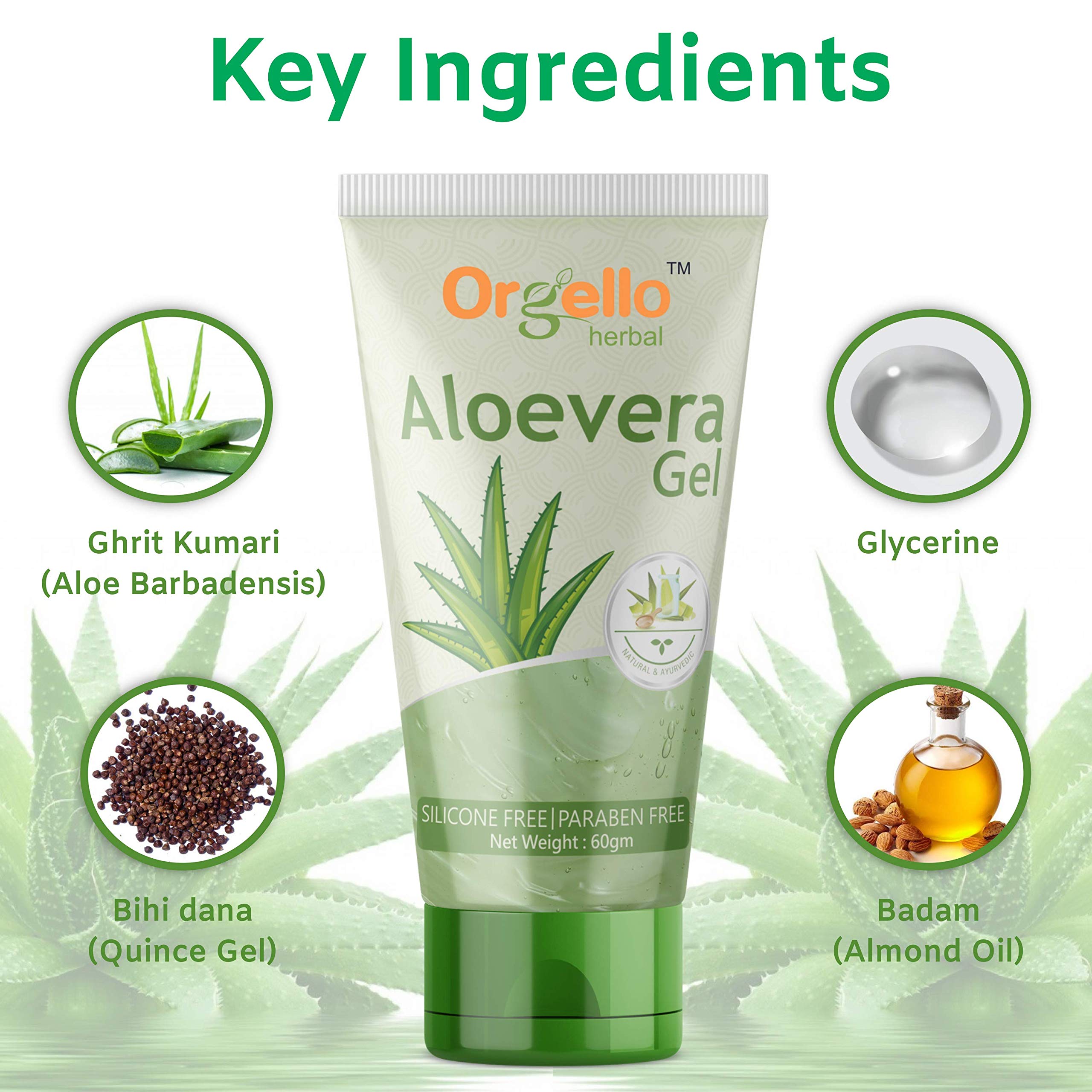 Orgello Pure Aloe Vera Gel for Face & Hair Care - 3 Pack (180g Total) | Soothing Moisturizer for Sunburn, Dry Skin & Scalp | Paraben & Sulfate Free | Natural Hydration for Face Massage & Hair Treatment