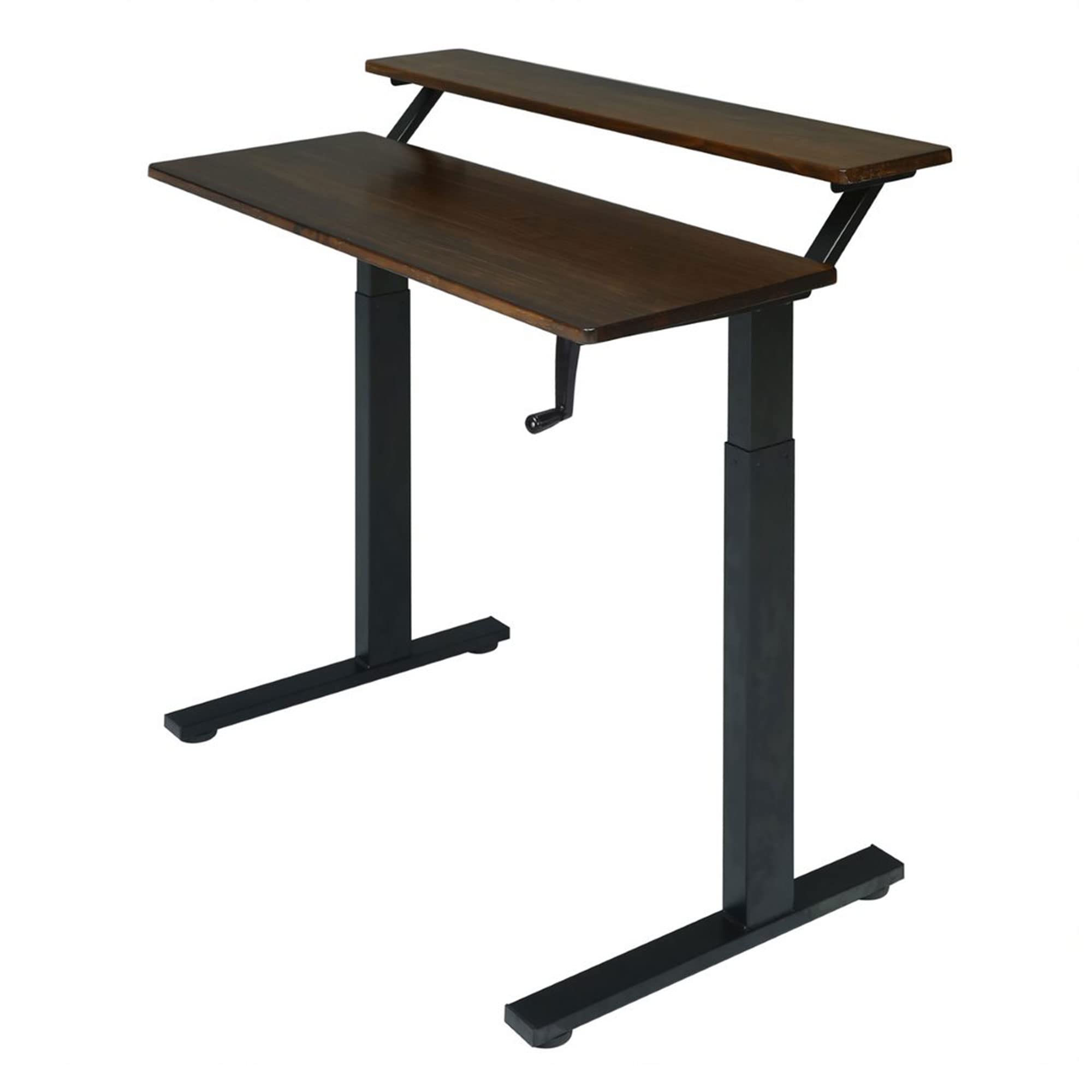 SDADI Solid Wood Adjustable Height Standing Desk with Crank Mechanism - 2 Tier Sit to Stand Office Desk, Heavy Duty Steel Frame (Black Frame/Teak Top) - Perfect for Home Office, Workspace & Ergonomic Workstations