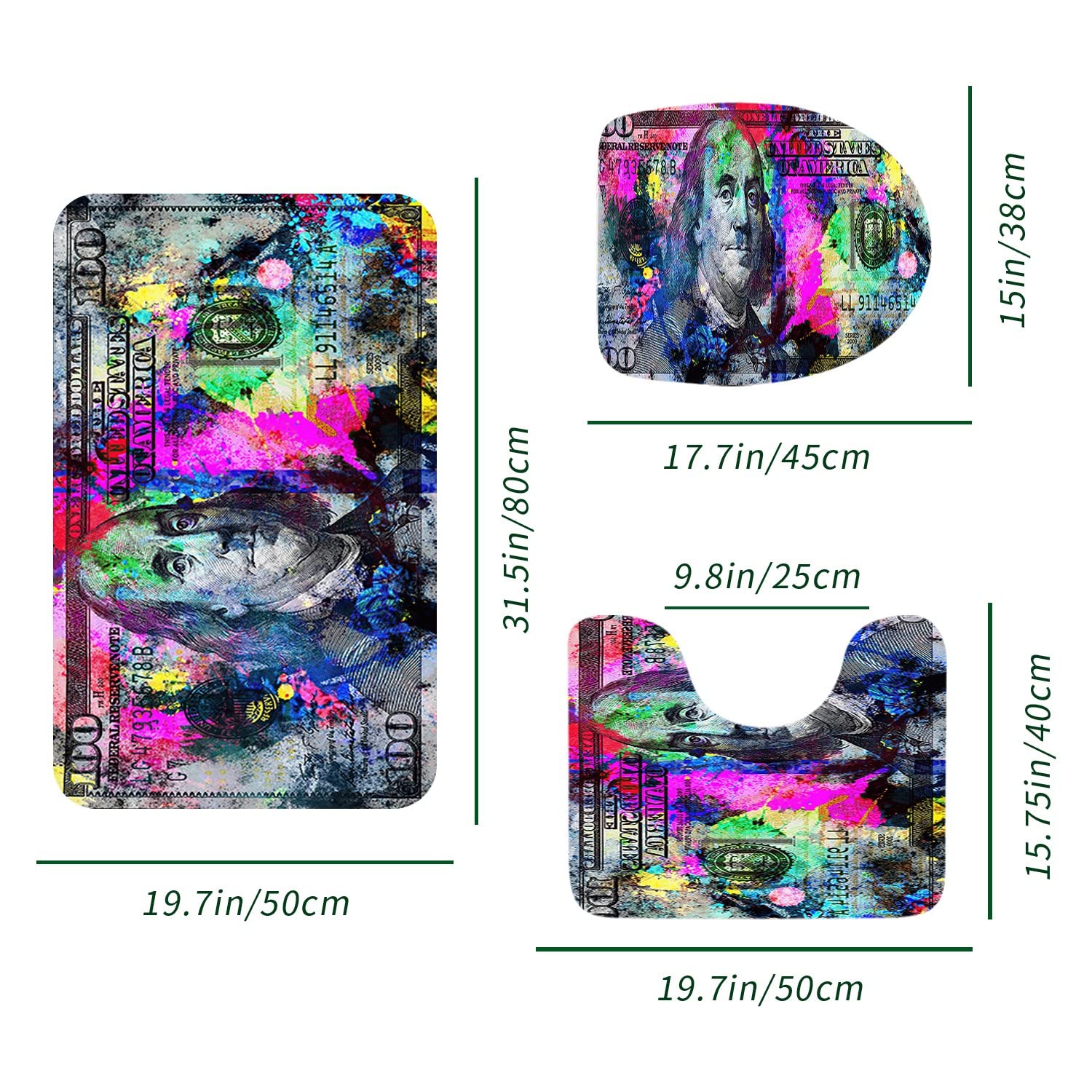 GUBIYU 3-Piece Flannel Bathroom Rug Set - Soft Non-Slip Absorbent Bath Mat with Backing Pad, Contour Rug & Toilet Lid Cover - Rainbow Design for Men's Room Decor - Perfect for Bathroom, Shower & Vanity Areas