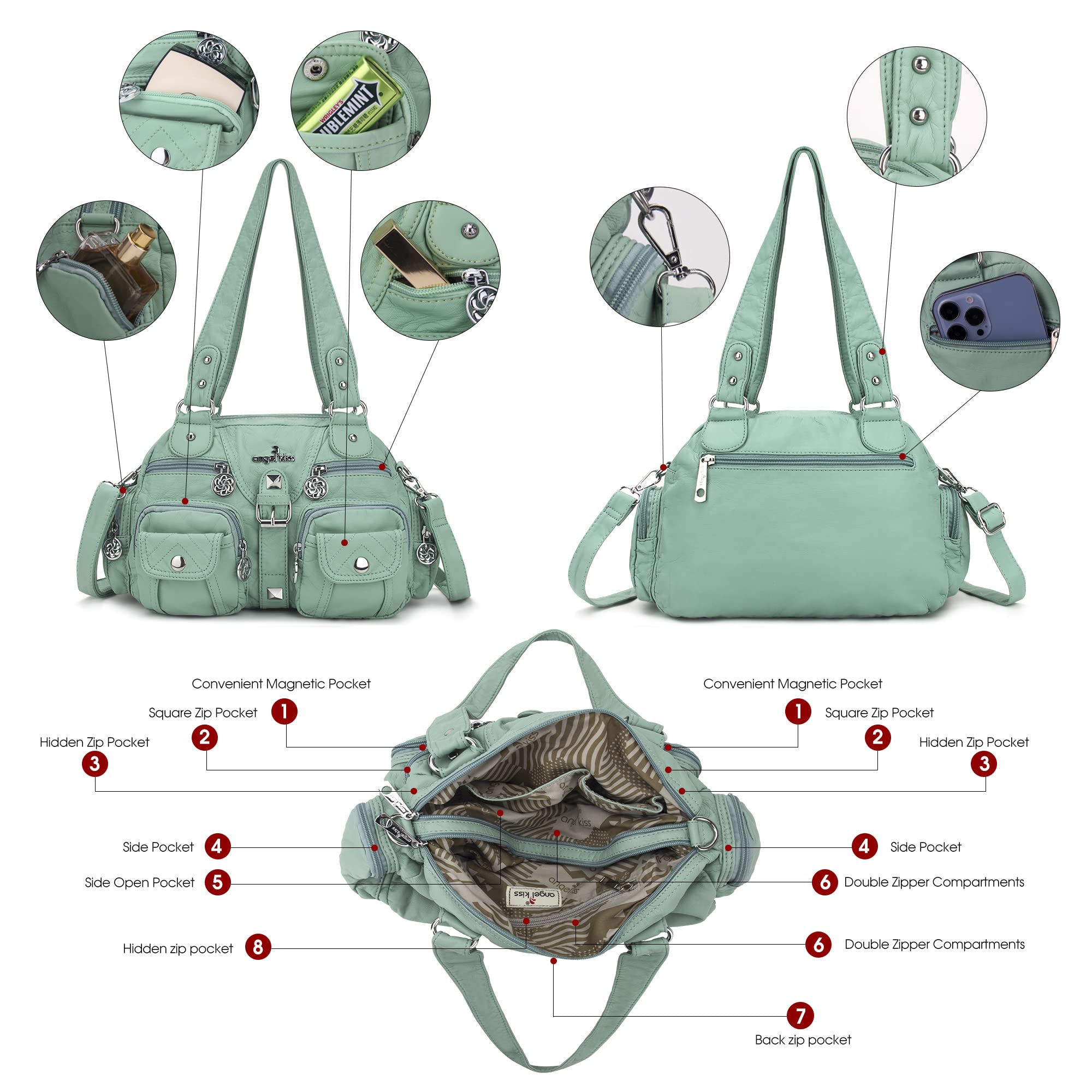 Angel Kiss Women's Soft Leather Hobo Crossbody Shoulder Bag with Multipocket & Removable Strap - Perfect for Work, Travel & Everyday Use