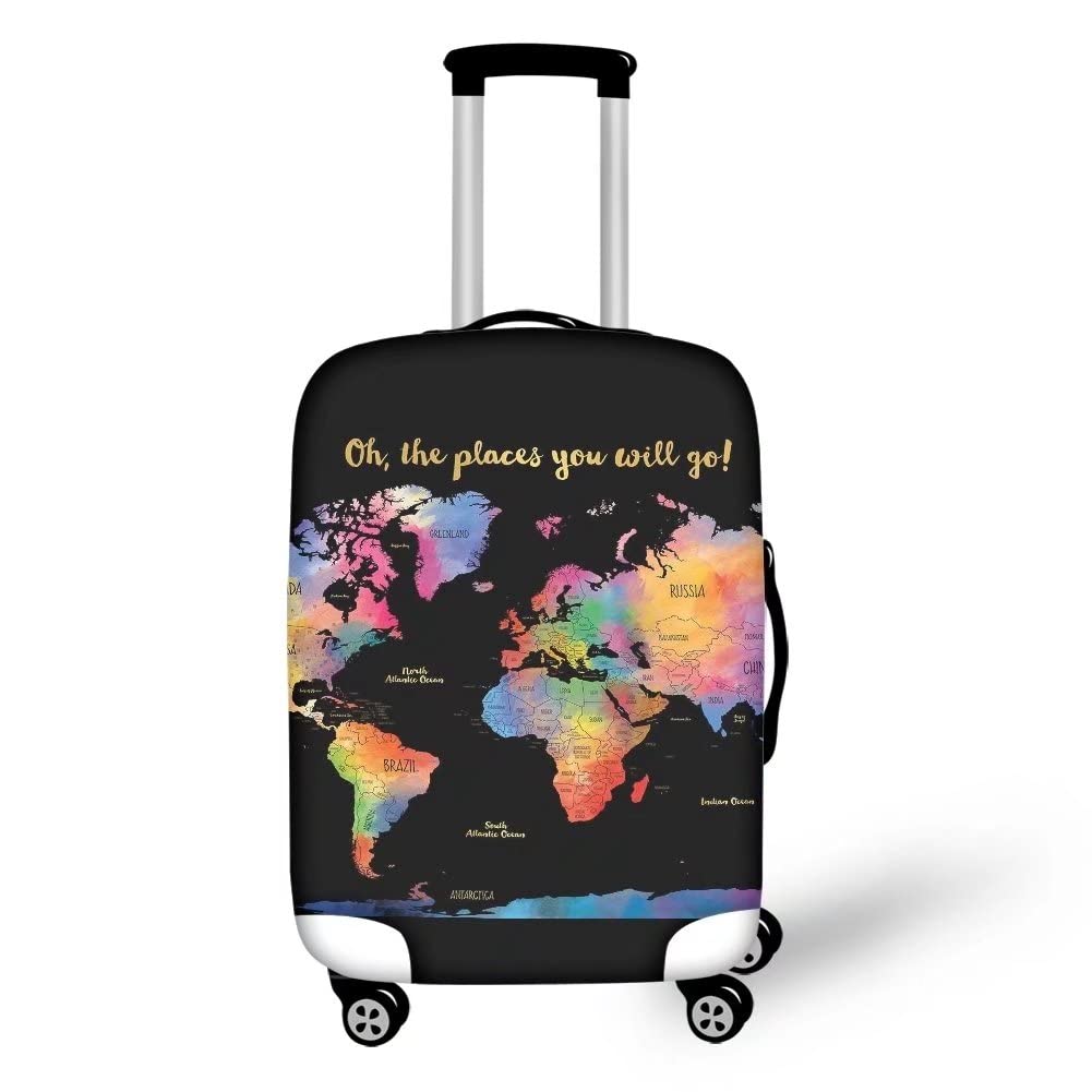 Colorful World Map Travel Luggage Cover - Washable & Anti-Scratch Elastic Suitcase Protector for 22-24 Inch Wheeled Bags - Perfect for Airplane Travel, Vacation Trips and Suitcase Protection