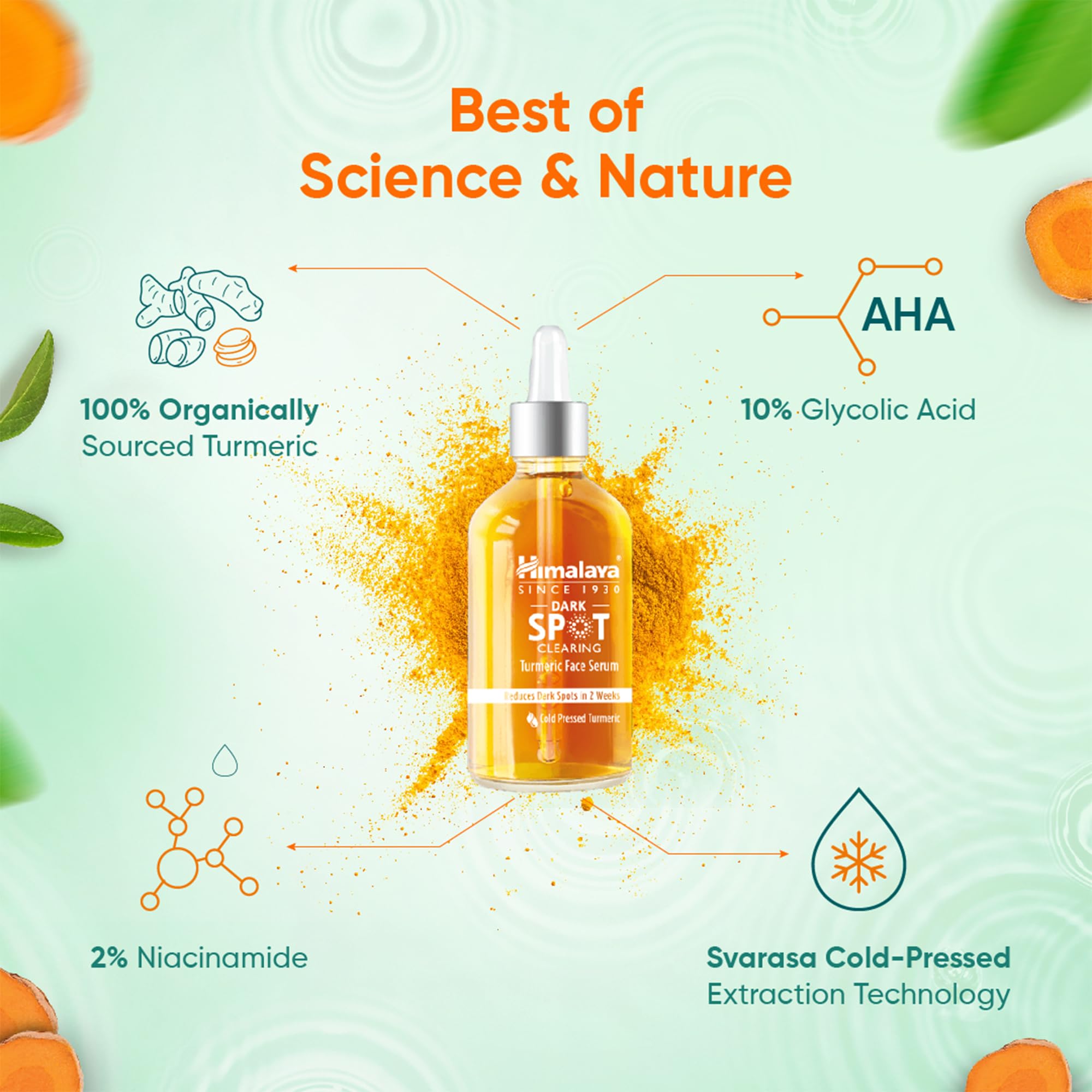 Himalaya Dark Spot Clearing Turmeric Face Serum - 10% Glycolic Acid & 2% Niacinamide - Organic Turmeric Extract for Brighter Skin - Reduces Dark Spots in 7 Days - 30ml - Perfect for Nighttime Skincare Routine & Hyperpigmentation Treatment