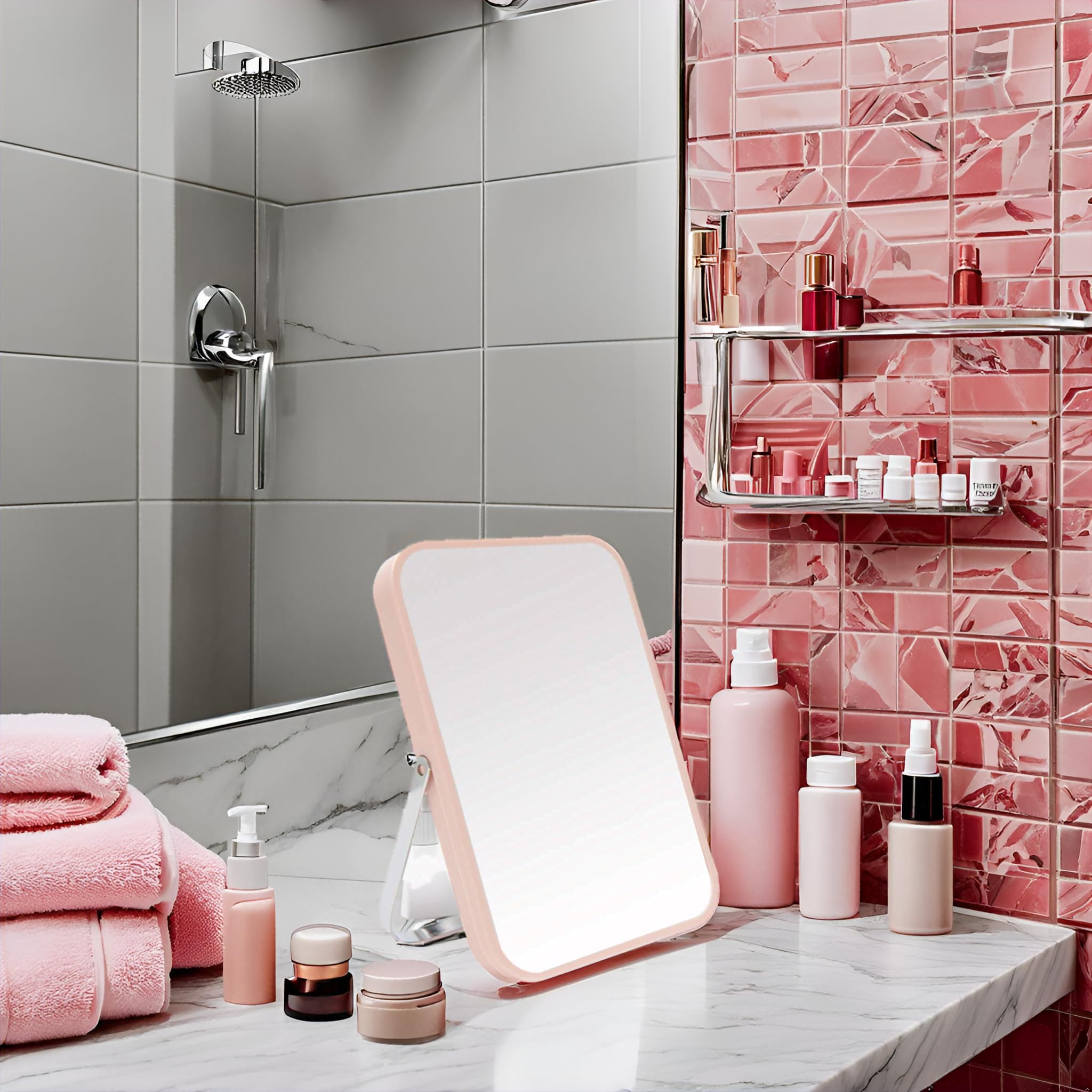YEAKE 8-Inch Portable Folding Vanity Makeup Mirror with Adjustable Metal Stand - 90° Rotation, Travel & Bathroom Mirror for Shaving, Makeup, Shower - Perfect for Home, Dorm & Travel (Pink)