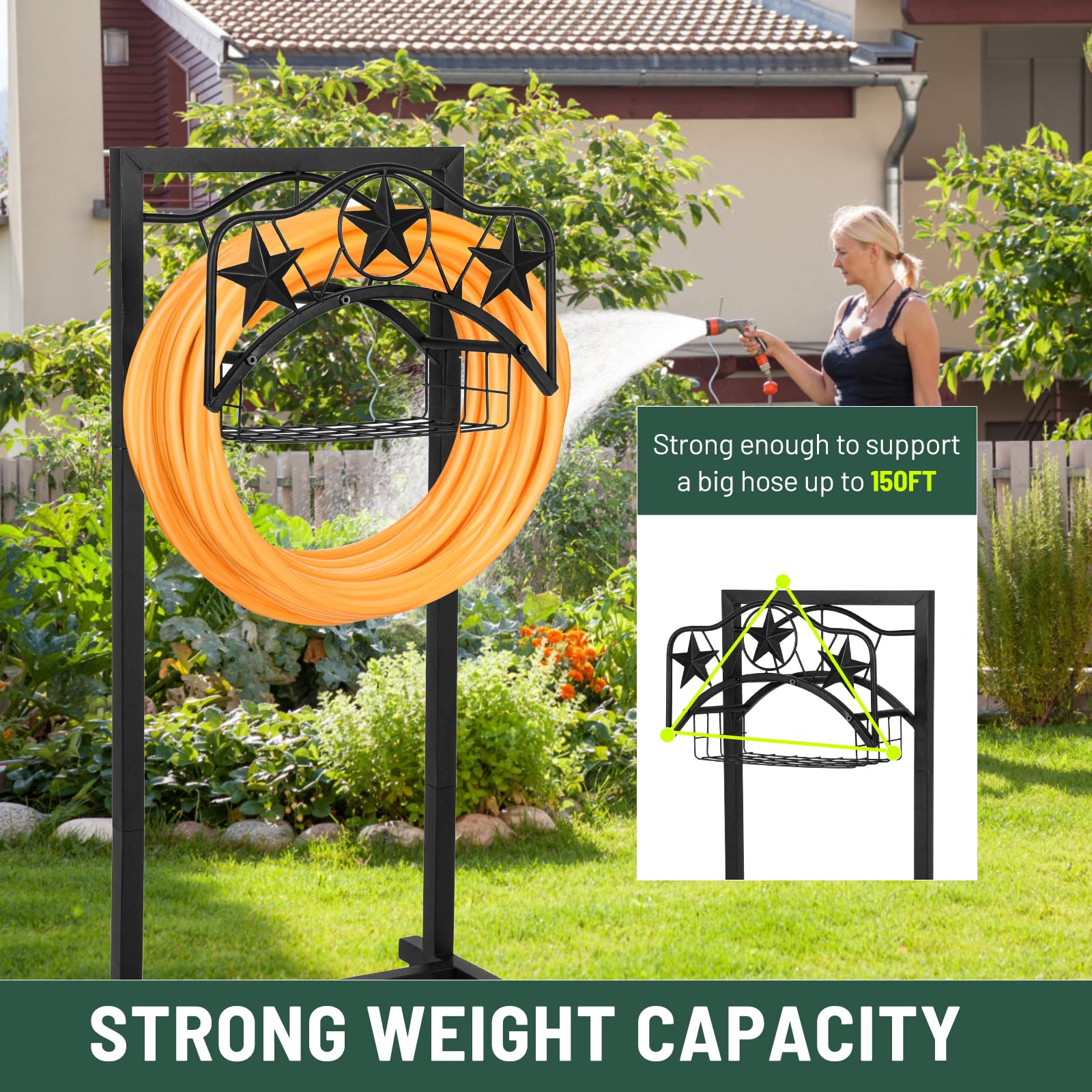 Upgraded Freestanding Heavy Duty Rustproof Metal Garden Hose Holder for Outside - Black with 4 Spikes | Perfect for Lawn, Yard & Garden Watering Organization