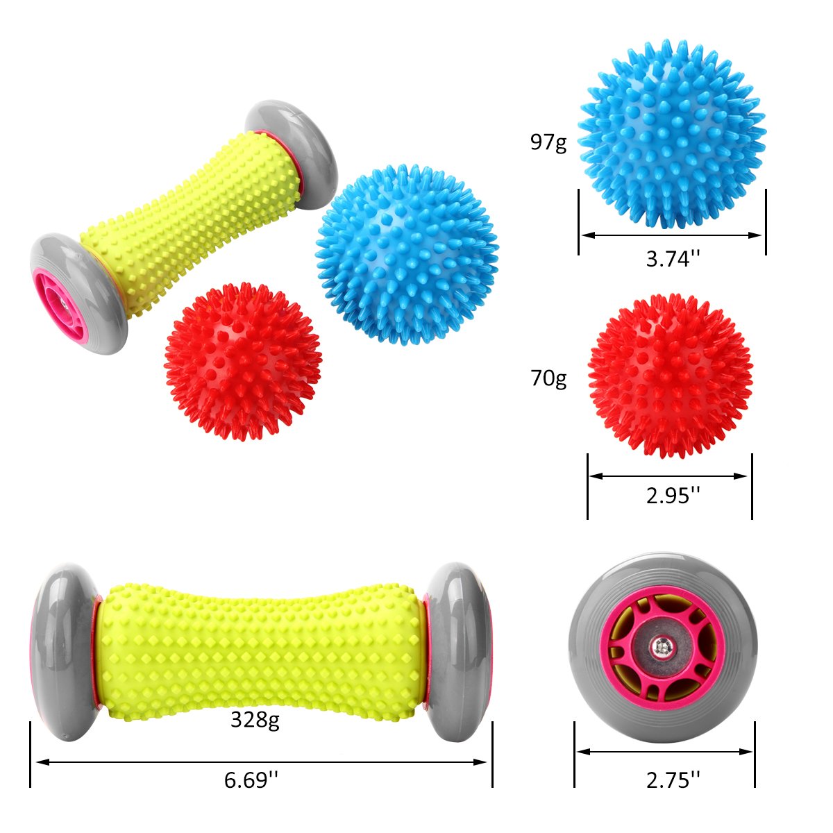 Rightwell® Foot Massager Roller & Spiky Balls Set - Plantar Fasciitis Relief, Muscle Recovery Tool for Feet, Wrists & Forearms - Includes 1 Roller Stick + 2 Massage Balls - Perfect for Post-Workout Recovery, Office Stress Relief & Home Relaxation Therapy