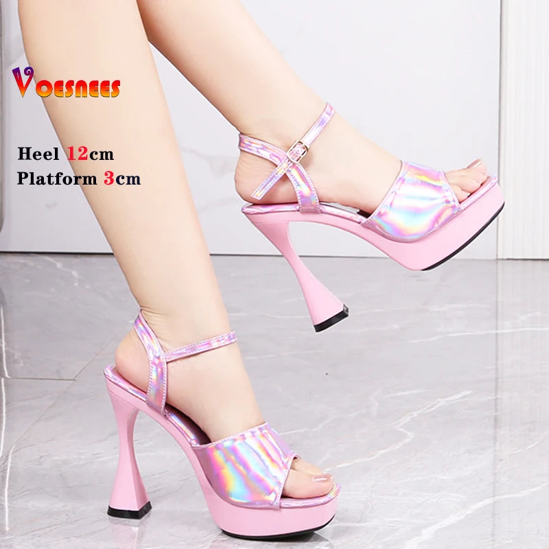 2024 Women's Laser 12CM Peep Toe Platform Sandals - Shiny Block Heel Pumps with Thick High Heels for Summer | Outdoor Slides & Dressy Occasions | Perfect for Beach, Party, and Evening Wear