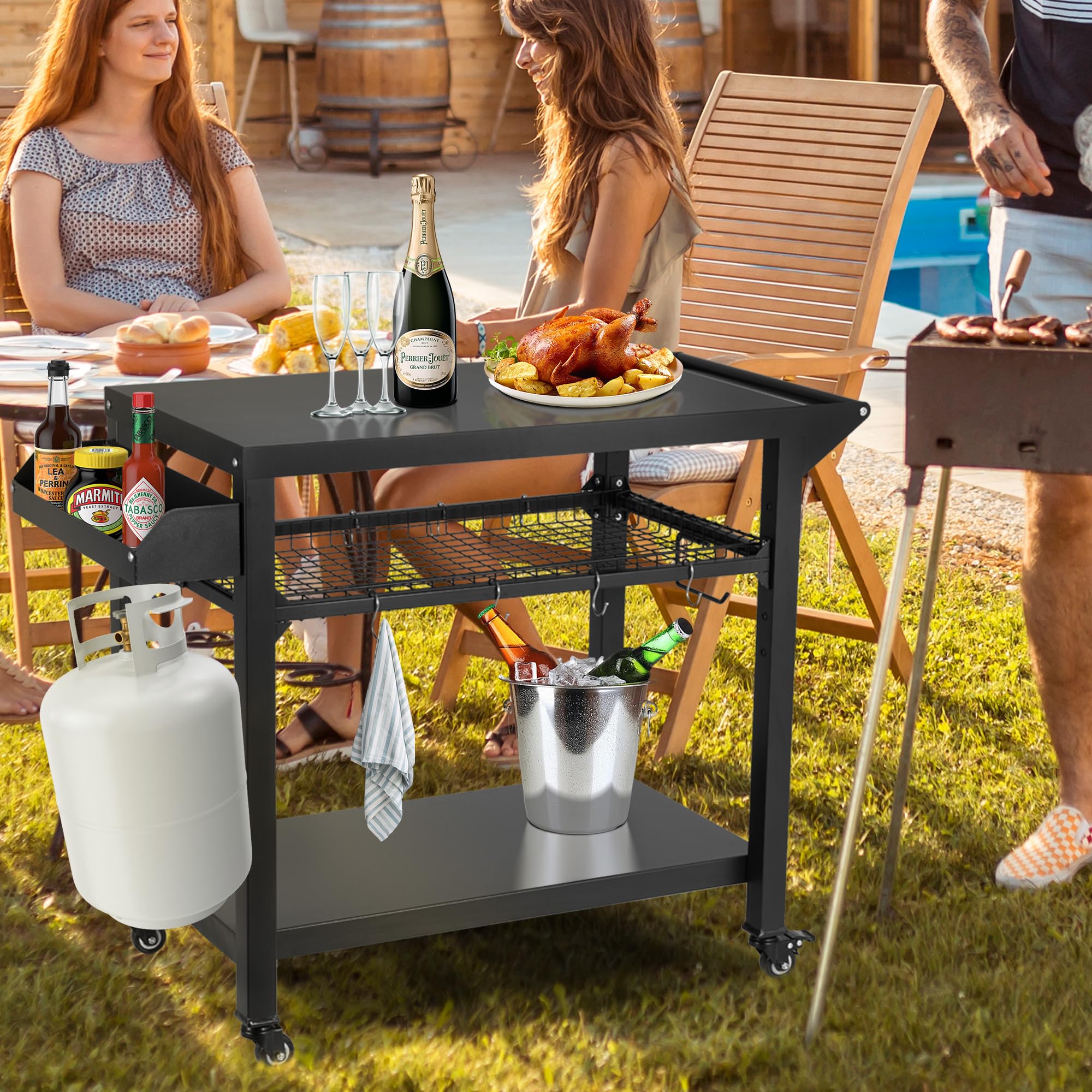 Spurgehom Grill Cart with Wheels - Outdoor Pizza Oven Stand & BBQ Prep Table | Portable Kitchen Cart with Mesh Racks for Patio, Backyard, Camping & Home Parties | Perfect for Outdoor Cooking, Dining & Entertaining
