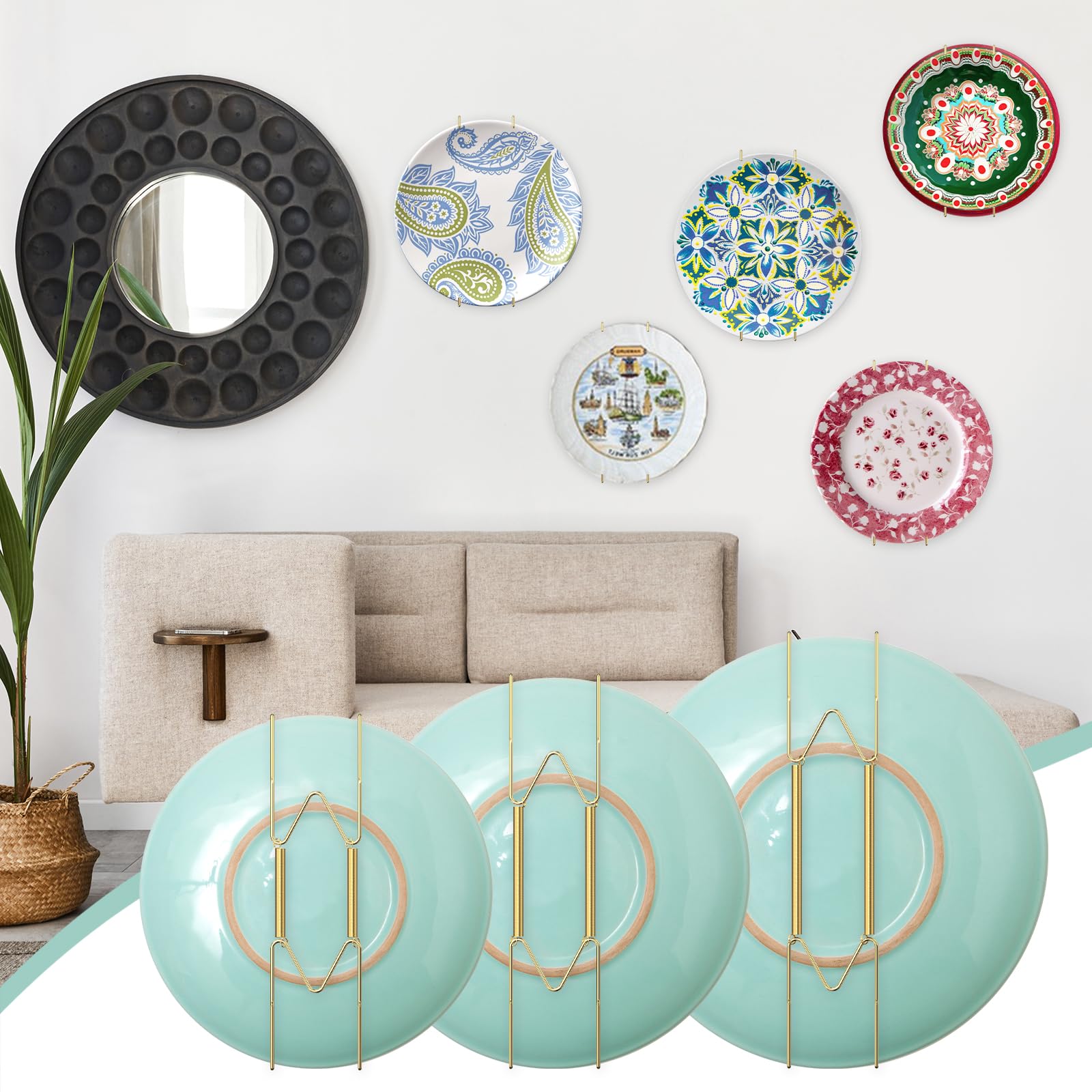 6-Piece Golden Stainless Steel Wall Plate Holders (8/10/12 Inch) - Decorative Plate Hangers for Antique & Art Plates Display - Perfect for Kitchen, Dining Room & Home Decor Wall Arrangements