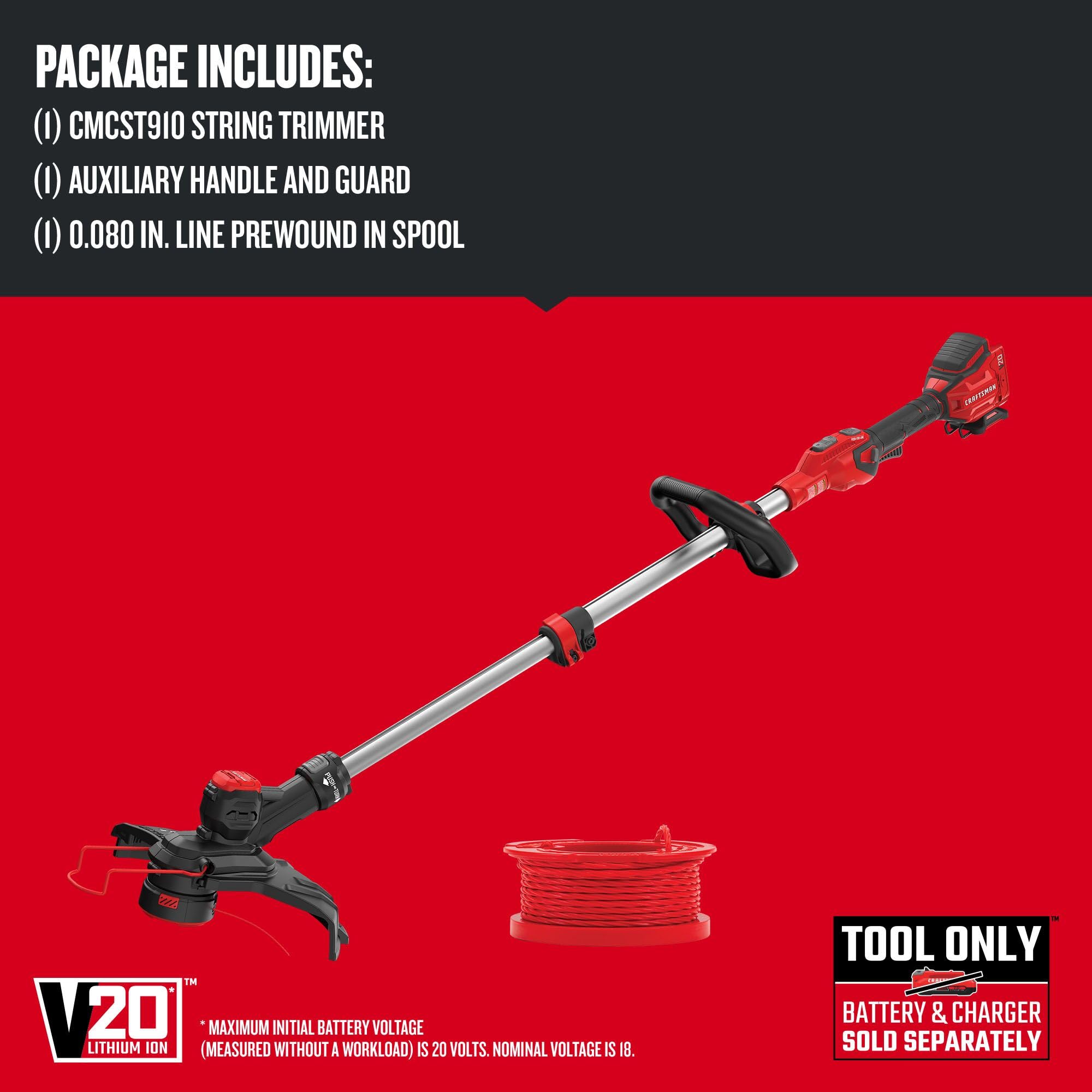 CRAFTSMAN 20V Cordless String Trimmer & Lawn Edger - Tool Only (CMCST910B) | Battery-Powered Weed Wacker for Yard Maintenance & Grass Trimming | Perfect for Home Lawn Care, Garden Edging & Landscape Maintenance