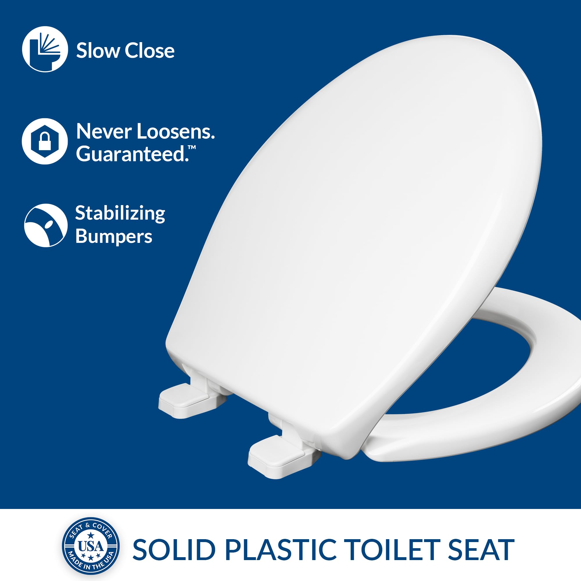 Mayfair Collins Slow Close Toilet Seat - Durable Plastic Round Toilet Seat with Soft Close Feature, Extra Stability Bumpers & Secure Hinges - White Bathroom Toilet Seat for Home, Office or RV Use