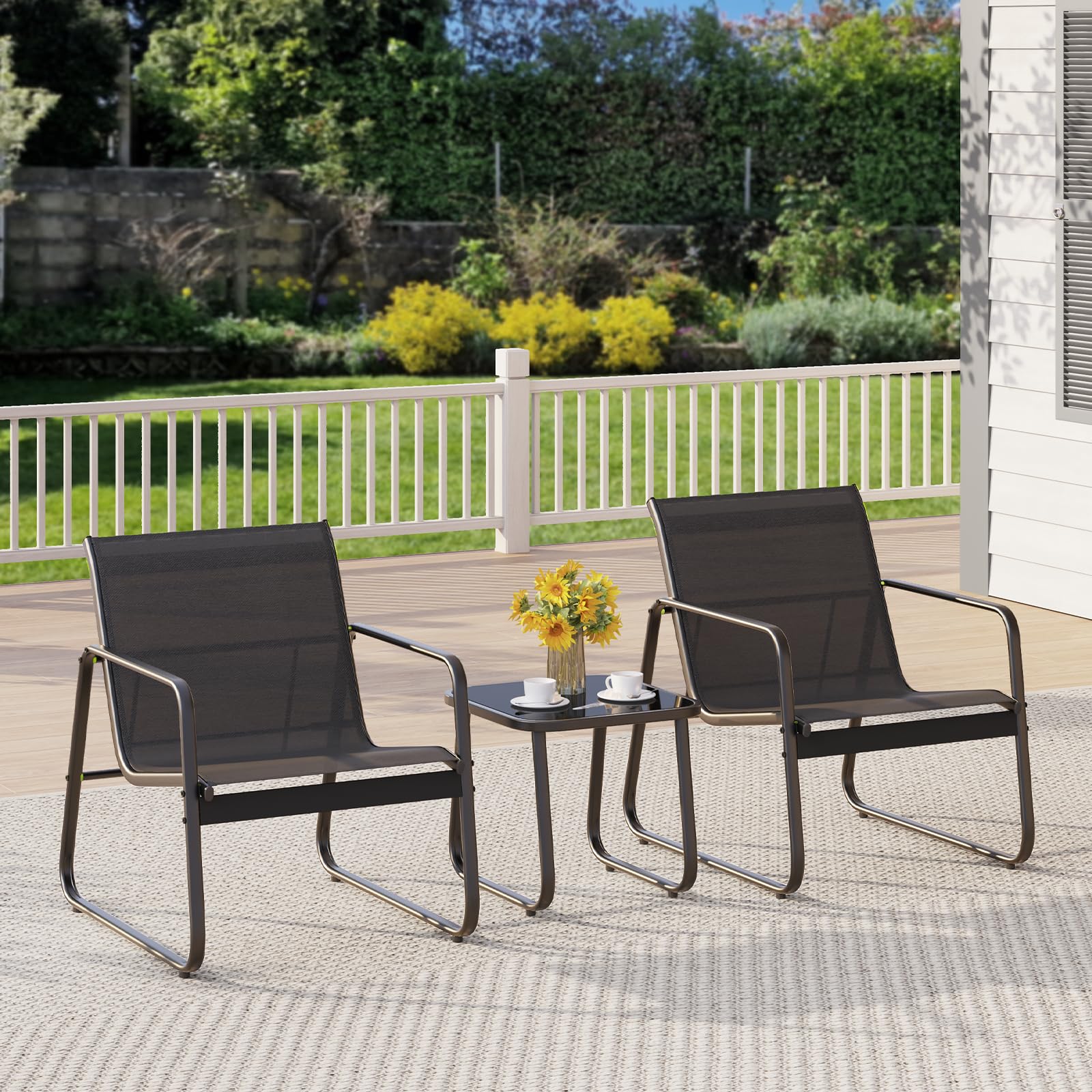 Gizoon 2-Piece Patio Furniture Set with Metal Frame & Glass Table - Outdoor Bistro Chairs & Table for Balcony, Lawn, Garden, Backyard - Black (Perfect for Relaxing, Dining & Entertaining Outdoors)