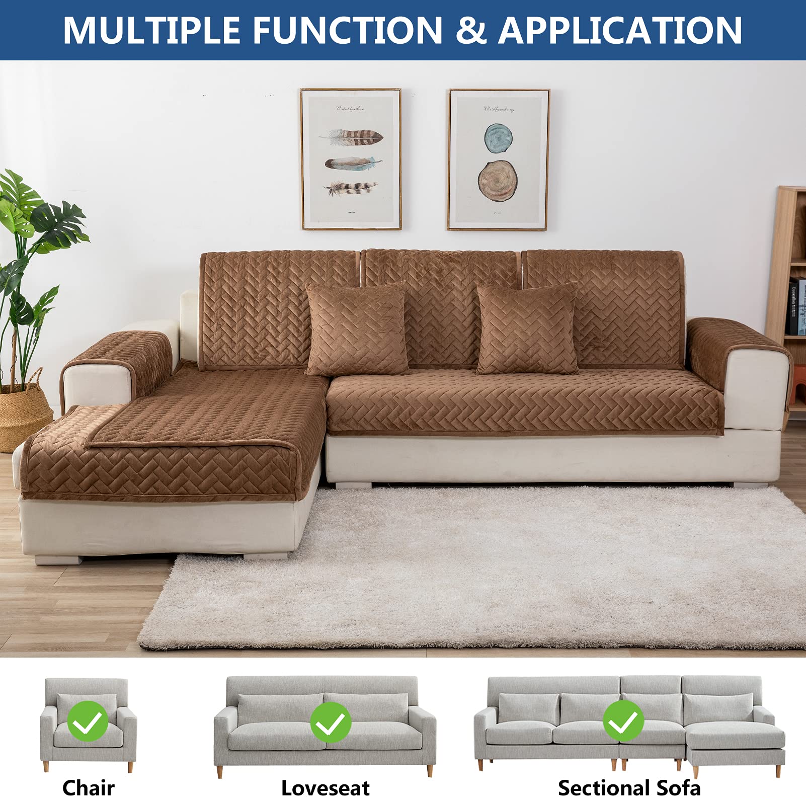 Eismodra 3-Piece Anti-Slip Sectional Sofa Cover for Pets & Kids - Brown 36