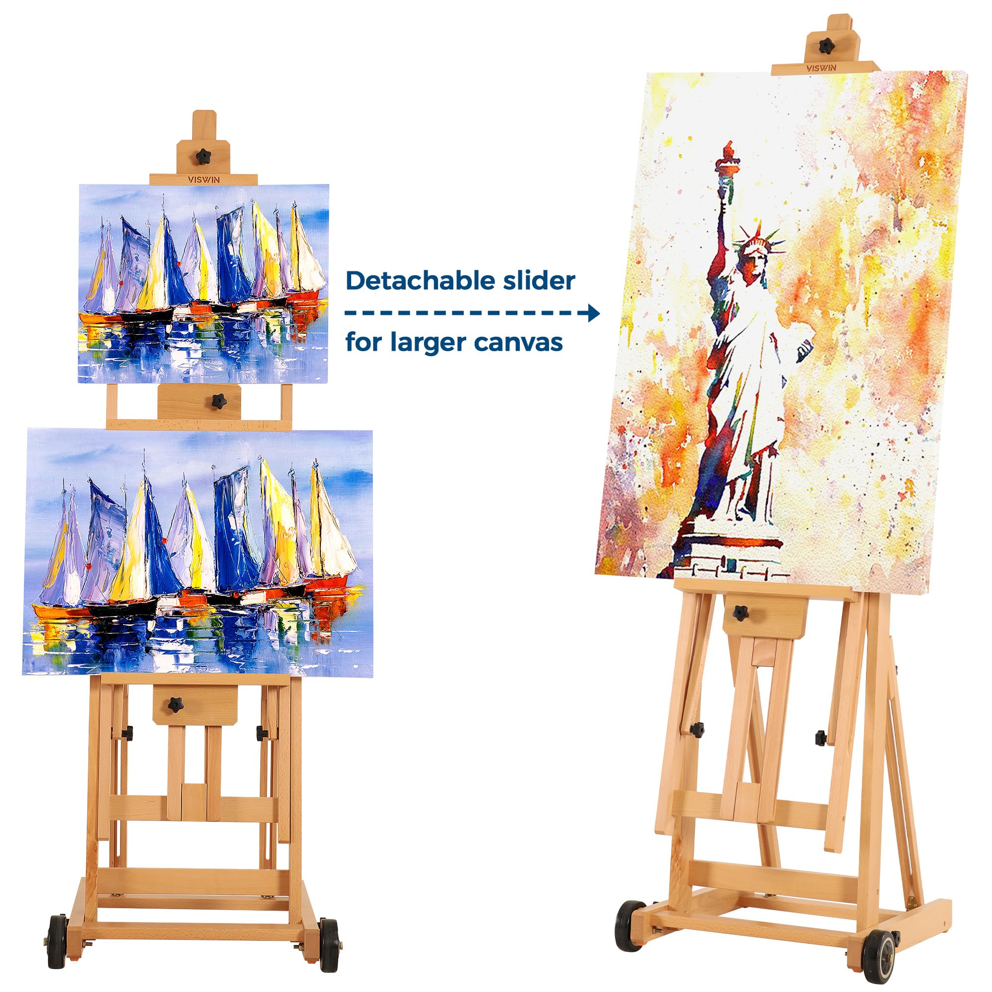VISWIN Adjustable Beech Wood H-Frame Easel - Collapsible Floor Art Stand for 1-2 Canvases Up to 78