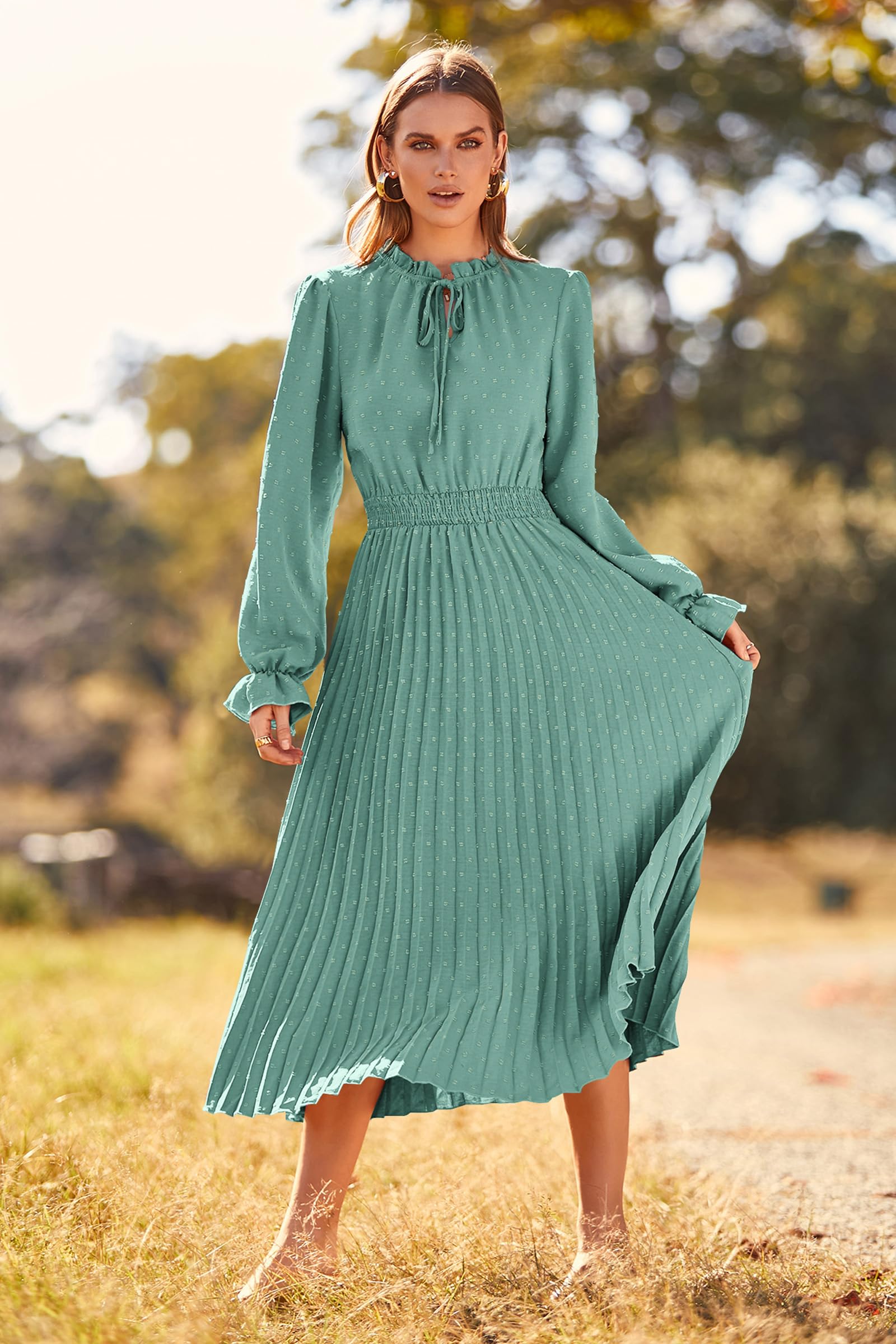 PRETTYGARDEN Women's 2025 Spring Fall Midi Dress - Long Sleeve V-Neck Swiss Dot Pleated A-Line Flowy Casual Dress for Work, Party & Date Night | Elegant Office Wear & Special Occasion Outfit