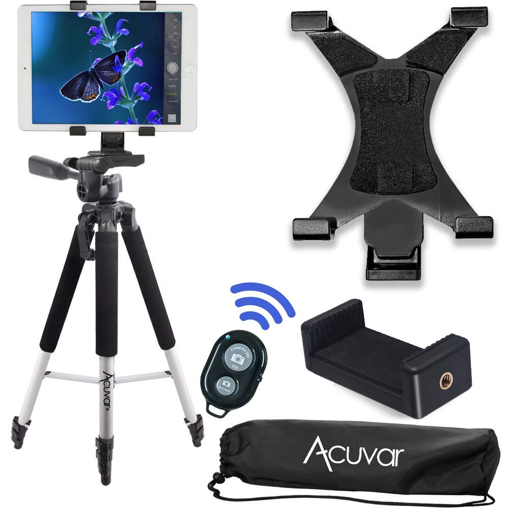 Acuvar 57-Inch Professional Tripod Stand with Tablet Mount & Universal Smartphone Holder - Includes Wireless Remote Control & Microfiber Cleaning Cloth for iPhone, Android, iPad - Perfect for Vlogging, Live Streaming, Photography & Video Recording