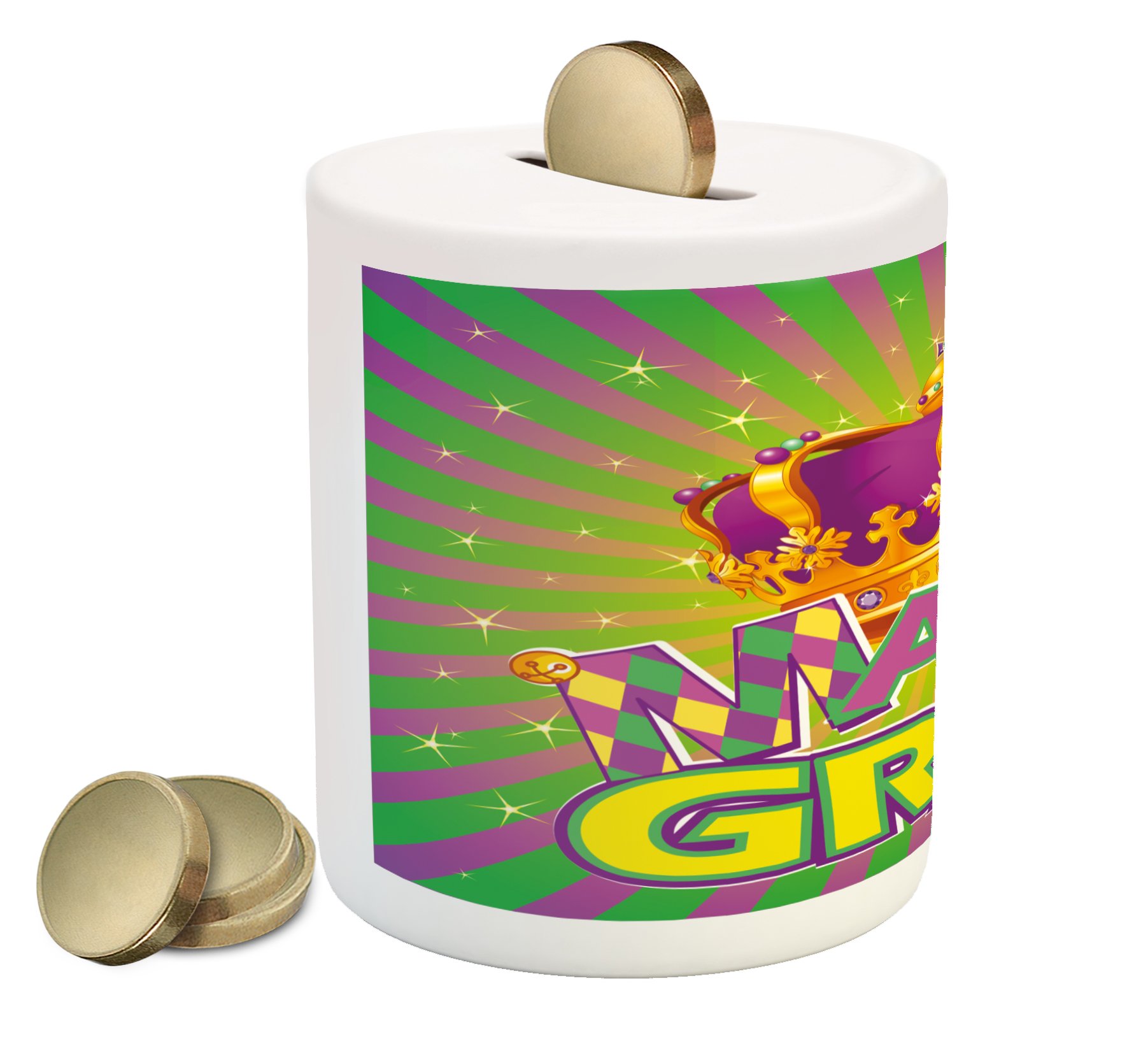 Ambesonne Mardi Gras Ceramic Piggy Bank with Antique Crown Design - Vintage Checkered Pattern Money Box for Cash Savings (Purple, Orange, Green) - Perfect for Party Favors, Home Decor & Gift Giving