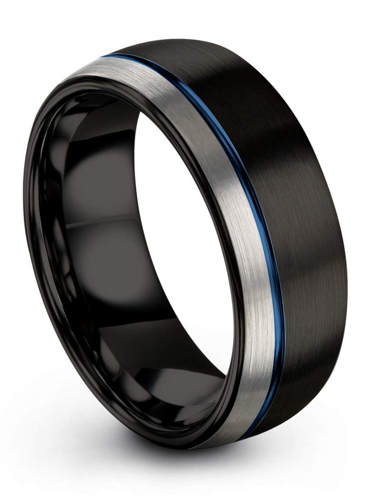 Tungsten Carbide Wedding Band Ring 8mm for Men & Women - Blue Black Offset Line, Dome Grey Exterior, Half Brushed Polished Finish - Custom Engraved Anniversary & Engagement Ring - Perfect for Weddings, Proposals & Special Occasions