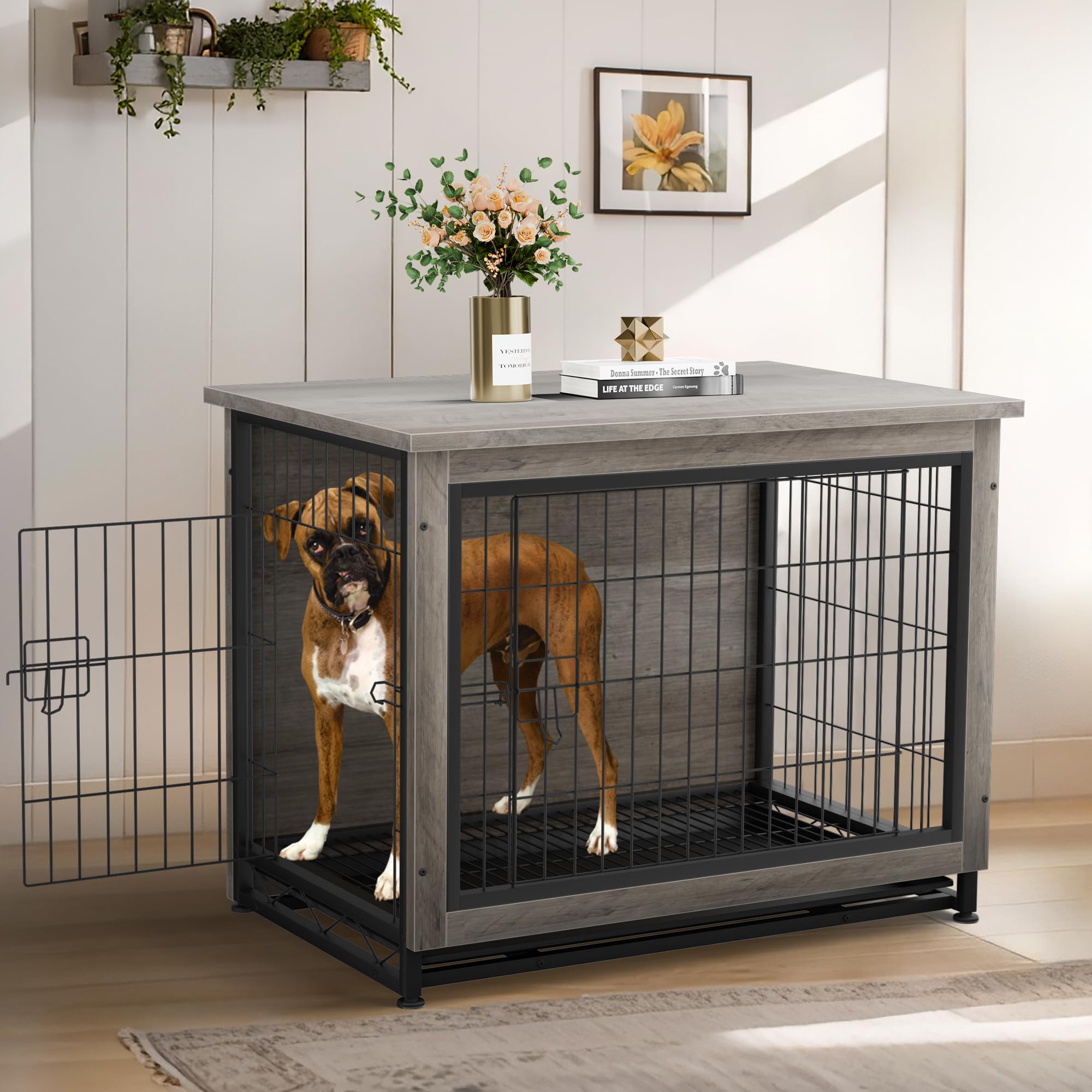 Stylish Wooden Dog Crate Furniture with Double Doors - Indoor Pet Kennel, House & Cage for Medium Dogs (Grey) | Perfect for Living Rooms, Bedrooms & Home Decor
