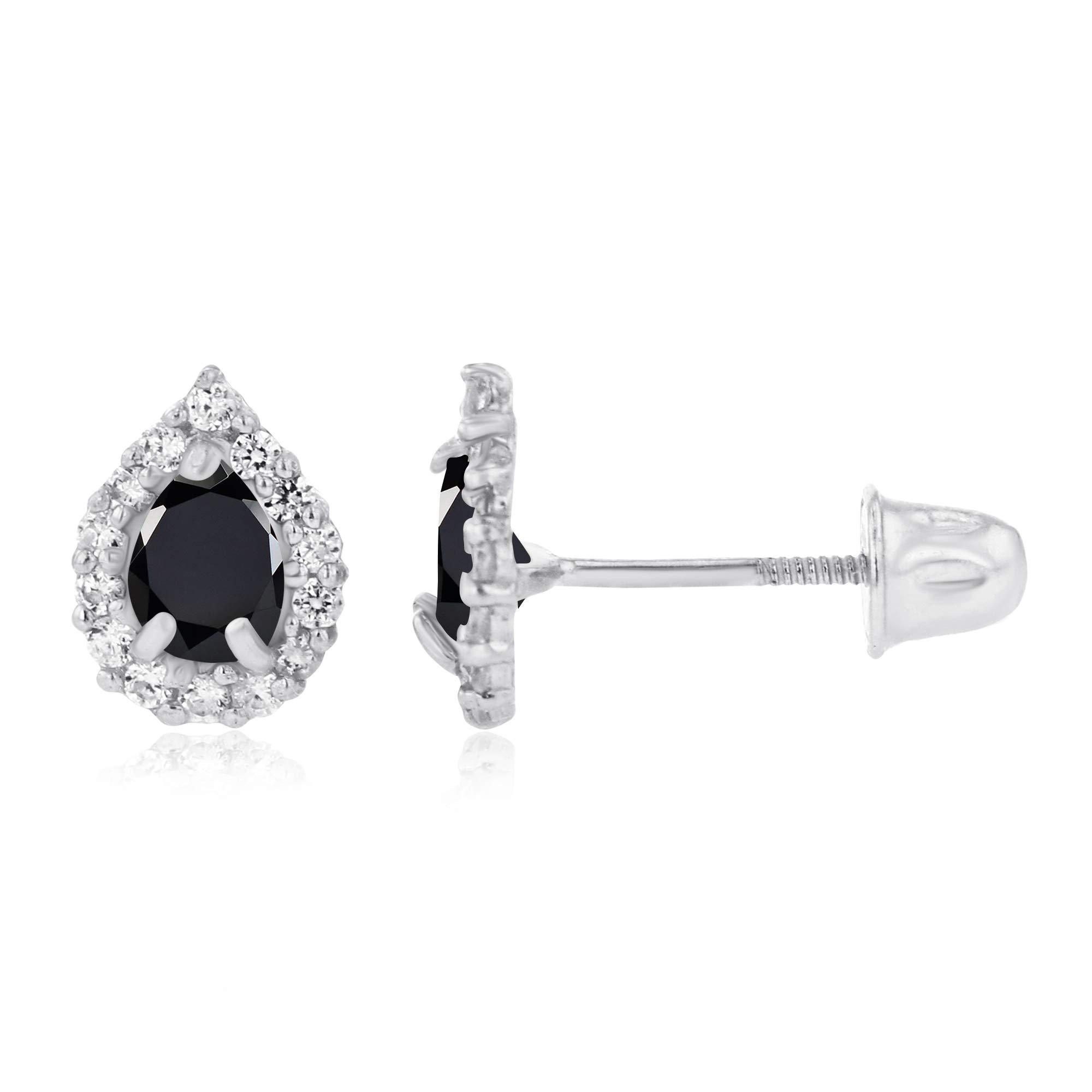 14K Solid Gold Pear Shaped Natural Birthstone Screwback Stud Earrings for Women | 7x5mm & 4x3mm Pear Cut Earrings | 1mm Created White Sapphire Halo Earrings | Perfect for Everyday Wear, Gifts & Special Occasions