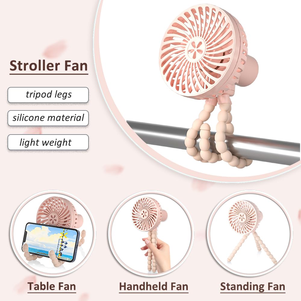 3-Speed USB Rechargeable Stroller Fan - Safe Battery-Powered Clip-On Mini Fan with Tripod for Baby Strollers, Travel, Treadmills & Cribs - Portable Handheld Cooling Fan (Pink) | Perfect for Outdoor Walks, Gym Workouts & Nursery Comfort