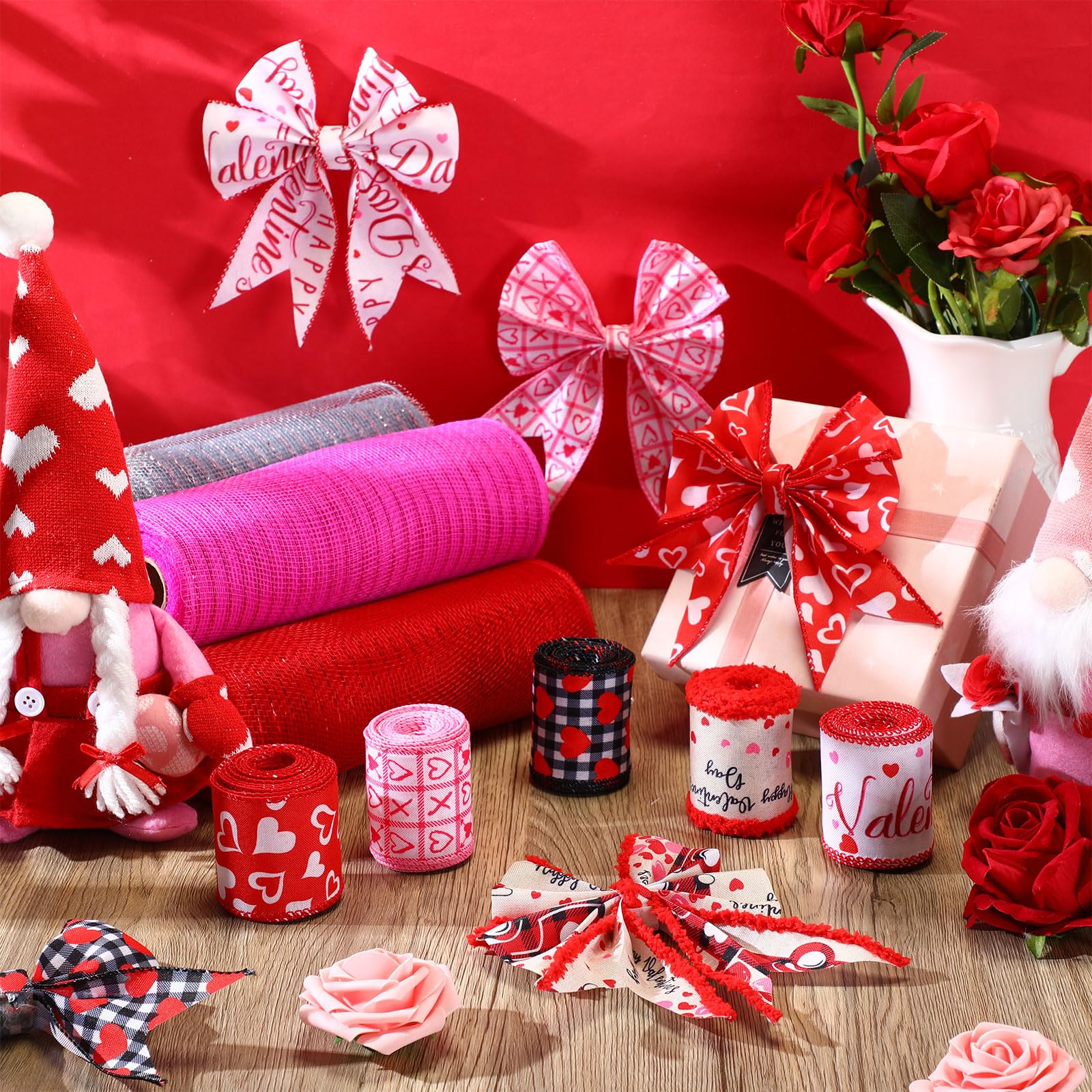10 Rolls Valentine's Day Ribbon Set - 5 Poly Mesh & 5 Wired Edge Ribbons in Red & Pink Heart Patterns for DIY Wedding Wrapping, Bow Making, Wreath Crafts - Perfect for Valentine's Decor, Gift Wrapping & Party Supplies