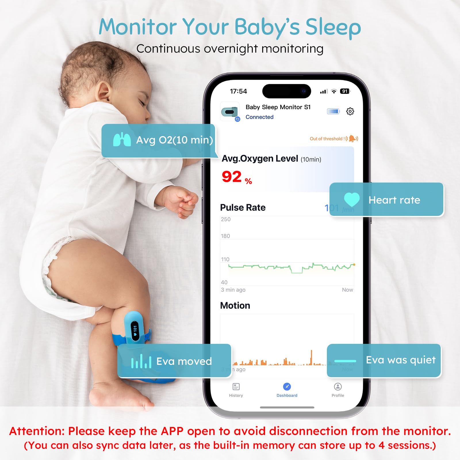 Babytone Baby Oxygen Monitor & Smart Sleep Sock - Wearable Infant Foot Monitor with Bluetooth & App - Tracks O2 Levels, Pulse Rate & Movement for Newborns 0-36 Months - Perfect for Nighttime Sleep Monitoring & Peace of Mind for Parents