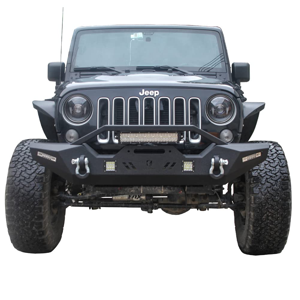 Black Textured Front Bumper with Winch Plate, LED Lights & D-Rings for 2007-2025 Jeep Wrangler JK/JKU/JL/JLU & 2020-2025 Gladiator JT - Off-Road Adventure & Daily Driving Upgrade
