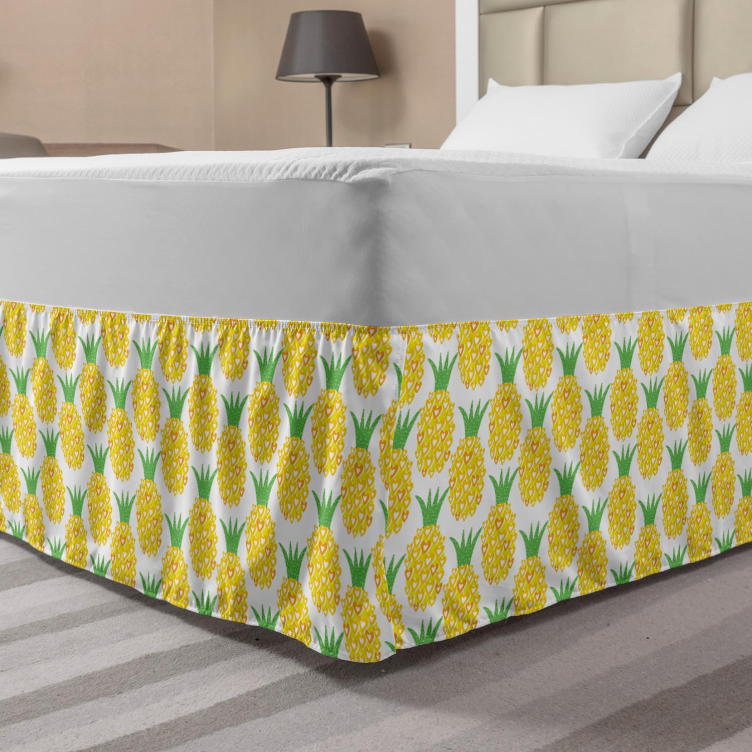 Ambesonne Pineapple Bedskirt - Queen Size, Yellow & Green for Tropical Bedroom Decor