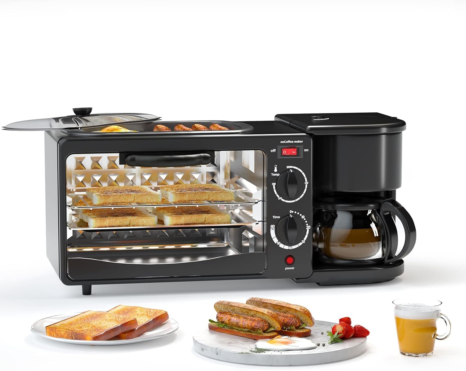3-in-1 Breakfast Station with Timer - Toaster, Frying Pan & Coffee Maker - Compact Portable Oven for Small Kitchens, Apartments & Dorms - Perfect for Quick Breakfasts, Camping & Office Use