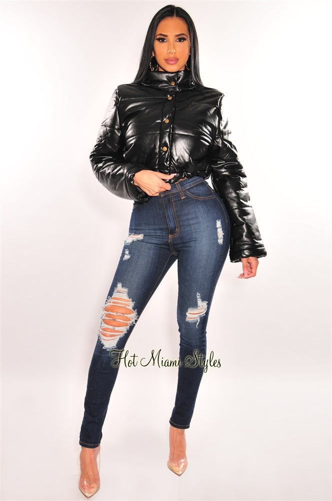Black Faux Leather Button Up Cropped Bomber Jacket for Women - Stylish Vegan Leather Motorcycle Jacket for Casual Outfits & Night Out