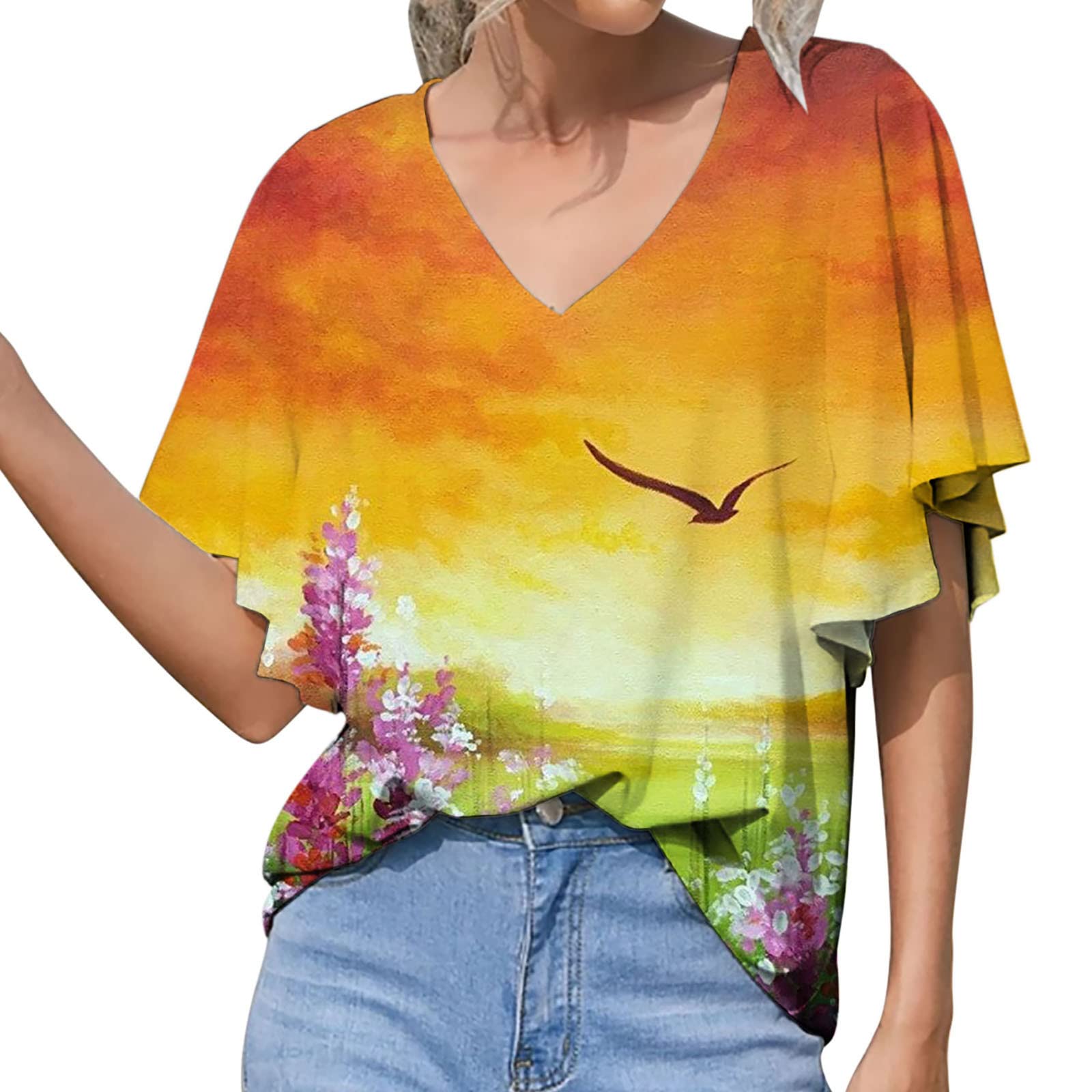 Women's Casual Summer V-Neck Short Sleeve Blouse - Flowy Loose Fit Printed T-Shirt Top for Women | Perfect for Office, Date Night & Weekend Outings