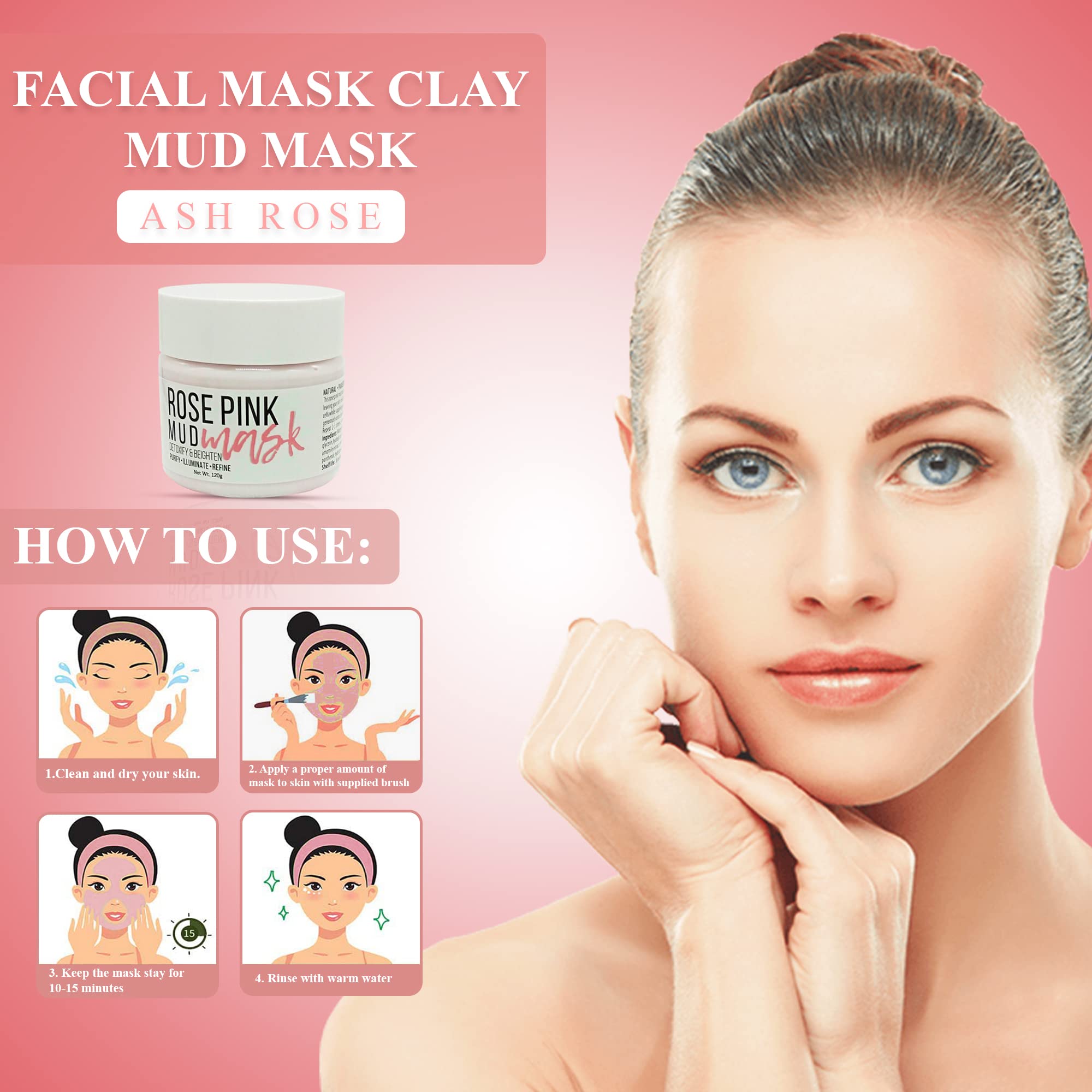 Organic Rose Clay Facial Mask - Deep Cleansing & Detoxifying for Glowing Skin | Hydrating & Pore Minimizing | Perfect for Spa Nights & Self-Care Routines