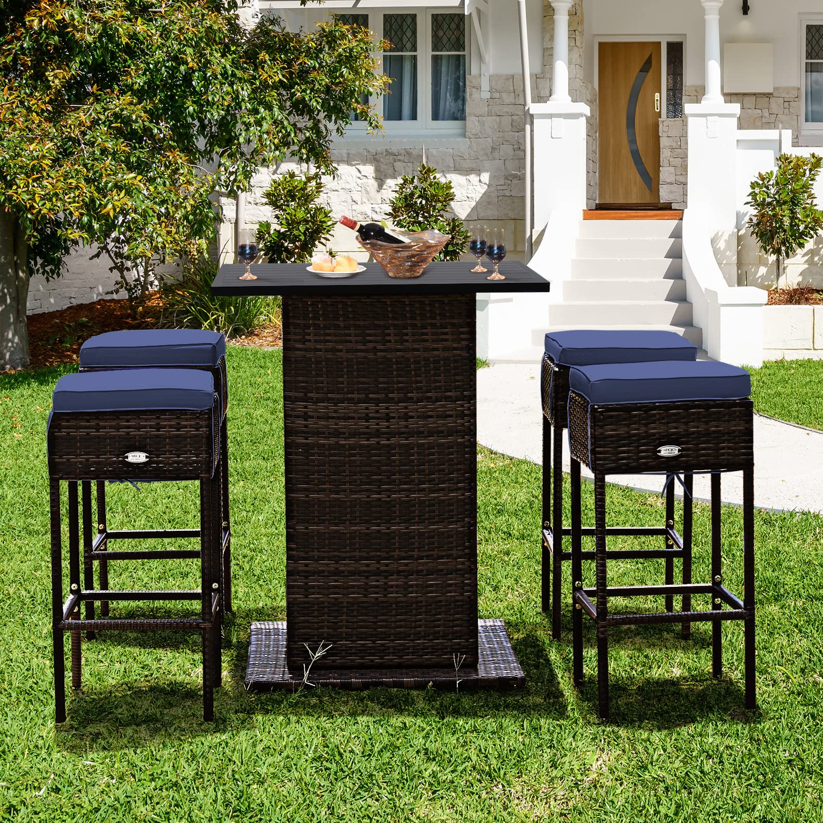 Tangkula 5-Piece Outdoor Rattan Bar Set with 4 Cushioned Stools & Storage Table - Navy Blue Patio Furniture for Poolside, Backyard, Lawn, Garden & Outdoor Entertaining