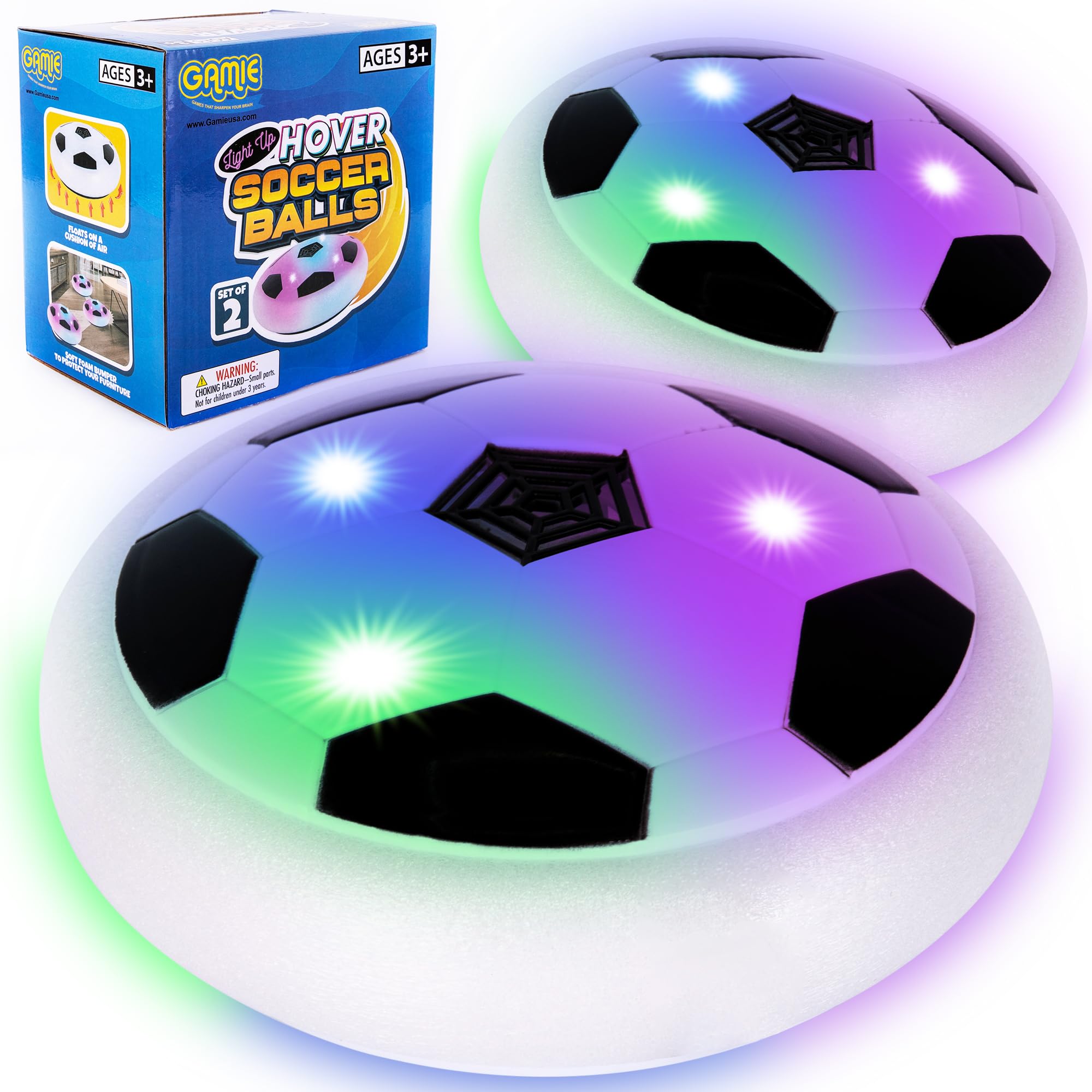 **Gamie Light Up Hover Soccer Ball Set of 2 – LED Floating Soccer Balls with Foam Bumpers for Indoor & Outdoor Play – Fun Soccer Toys for Boys & Girls – Perfect Gift for Kids, Birthday & Rainy Day Activities**