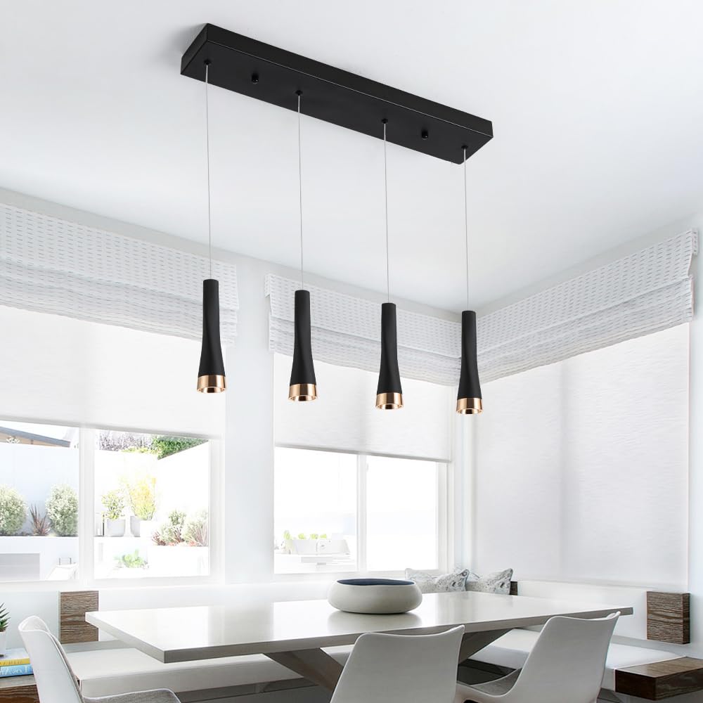 4 Head Adjustable Black Island Pendant Lights - 20W 2500lm Modern Kitchen Lighting Fixture for Dining Room, Office, Living Room & Bedroom - 110V 6000K Cool White - Perfect for Kitchen Islands, Countertops & Workspaces