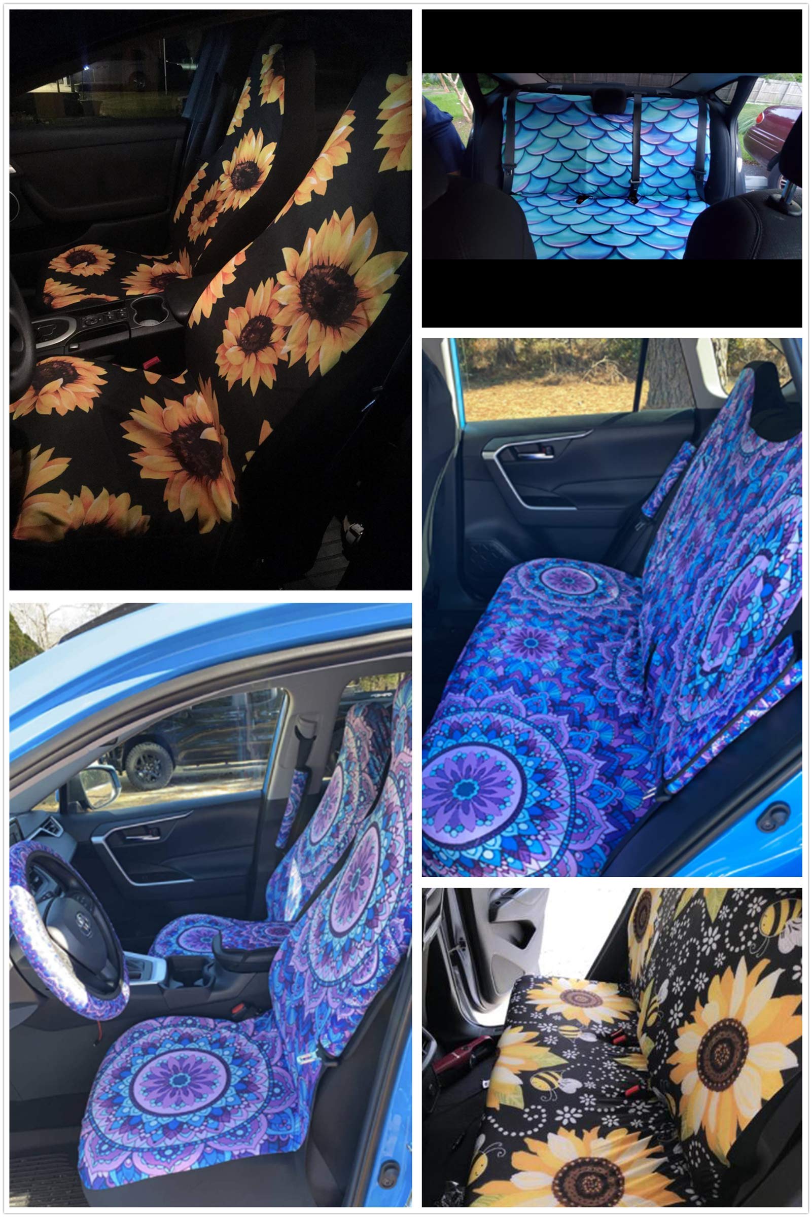 Premium White Tiger Print Car Seat Covers Full Set - Universal Fit for Women & Men | Steering Wheel Cover, Front & Back Seat Protectors, Seat Belt Pads, Coasters & Keychains | SUV/Truck Interior Decor Accessories for Road Trips & Daily Commute