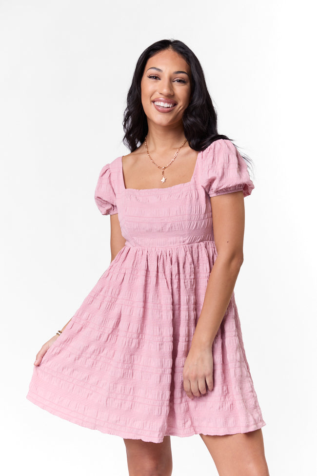 Breezing By Pink Textured Square Neck Mini Dress - Flirty Summer Party Outfit for Women | Perfect for Dates, Cocktails & Beach Vacations
