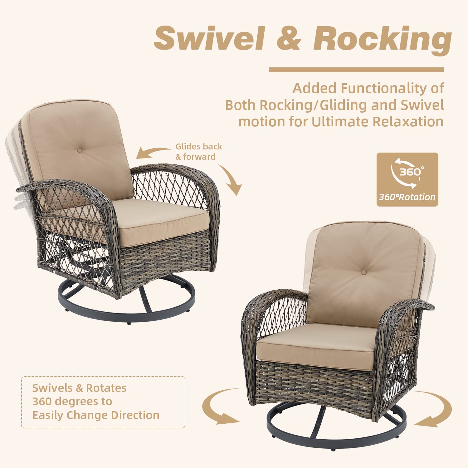 360° Swivel Rocking Patio Chairs Set of 3 with Thickened Cushions & Glass Coffee Table - Outdoor Conversation Furniture for Backyard, Garden, Poolside (Khaki) - Perfect for Relaxing, Entertaining & Enjoying Summer Days