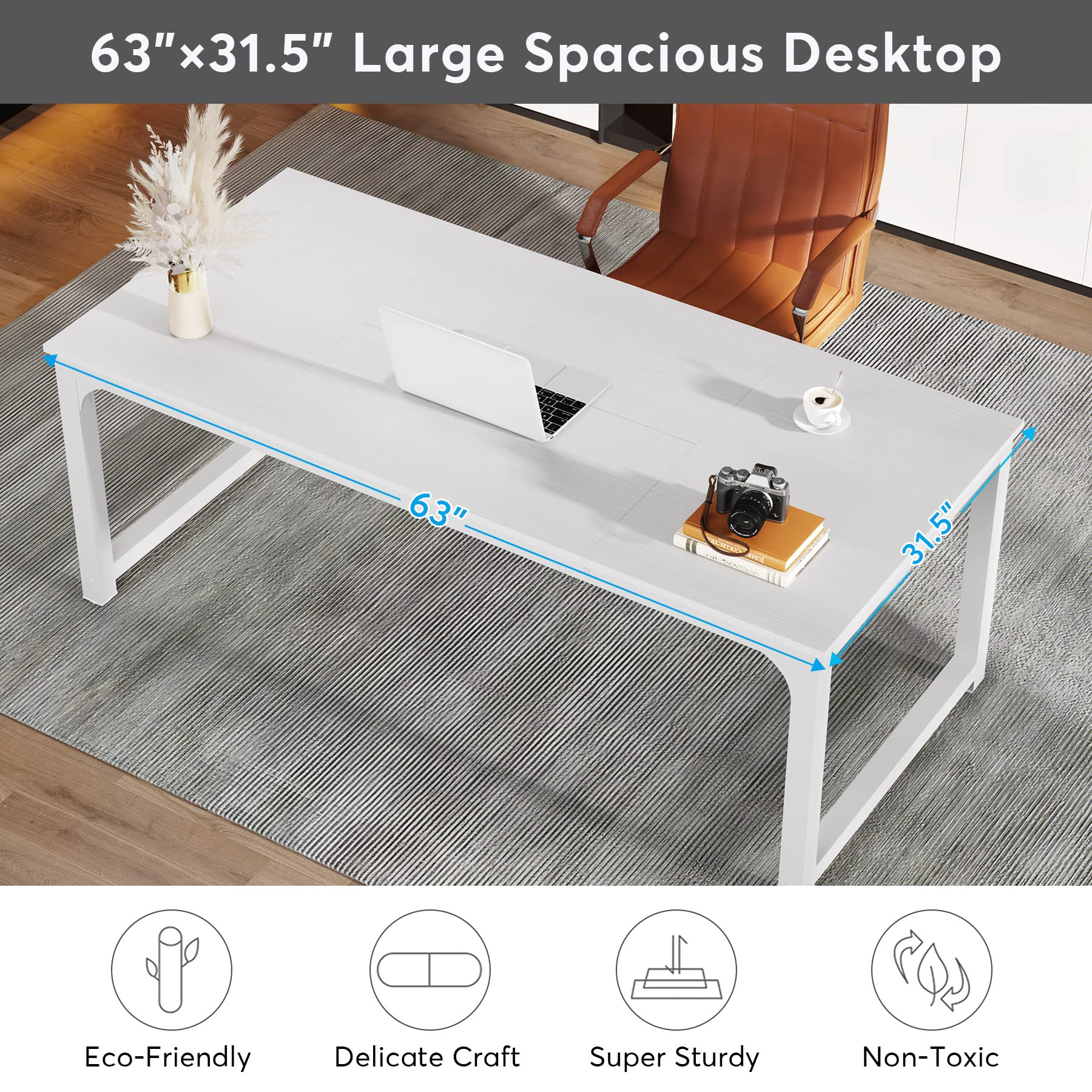 Tribesigns Modern Computer Desk 63 x 31.5 Inch, Large Executive Office Desk with Spliced Desktop - Home Office Workstation, Study Writing Table for Work & Gaming (White) - Perfect for Small Spaces & Remote Work Setup