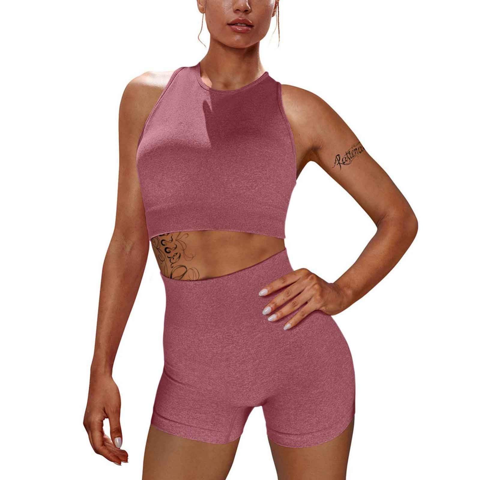 PEGONE Women's Seamless Ribbed Vest & High Waist Yoga Shorts 2-Piece Workout Set - Breathable Fitness Outfit for Yoga, Gym, Running & Weight Loss