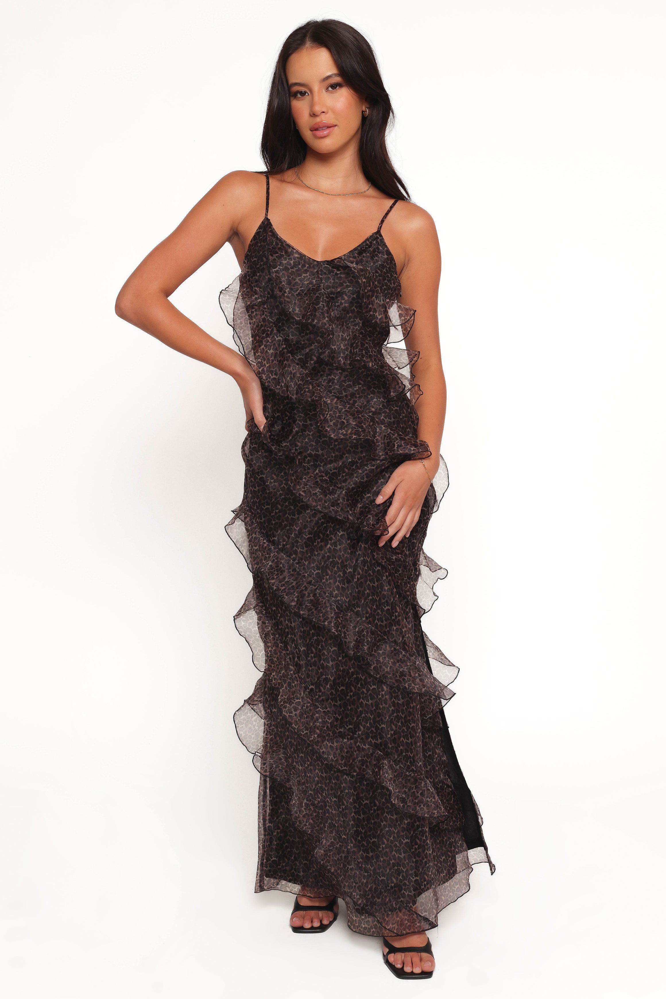 Ciao Ruffles Maxi Dress - Black Leopard Print Women's Long Dress for Casual Wear, Beach Vacation & Evening Parties
