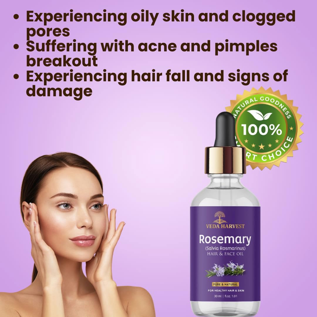 VEDAHARVEST Pure Rosemary Essential Oil 30ml - Natural Hair Growth Serum for Thicker Hair, Scalp Treatment for Hair Loss & Dandruff Control - Skin Care Essential Oil for Face & Body - Perfect for Daily Hair Care Routine & Aromatherapy