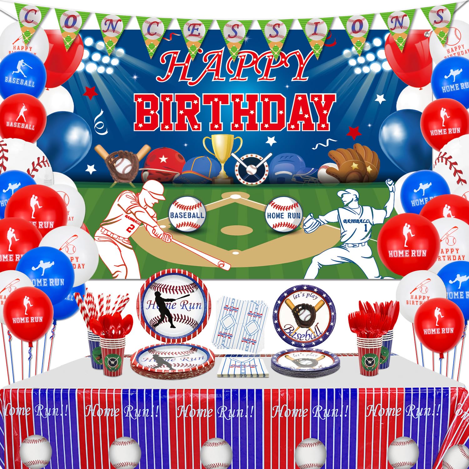 Baseball Birthday Party Decorations Set - Happy Birthday Backdrop, Plates, Cups, Napkins, Tablecloth & Balloons for Boys & Men - Serves 20 Guests - Perfect for Baseball Themed Parties, Sports Celebrations & Game Day Events