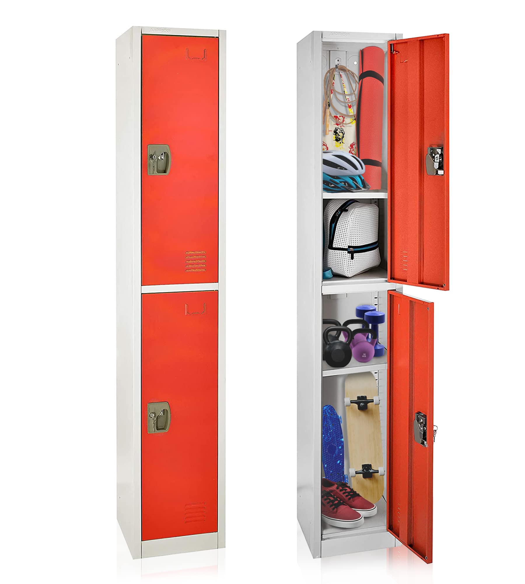 AdirOffice Large 2-Door School Locker with Hooks - Heavy Duty Metal Storage Cabinet for Garage, Office, Classroom & Dorm Organization (Red) - Perfect for Storing Sports Gear, Tools & School Supplies