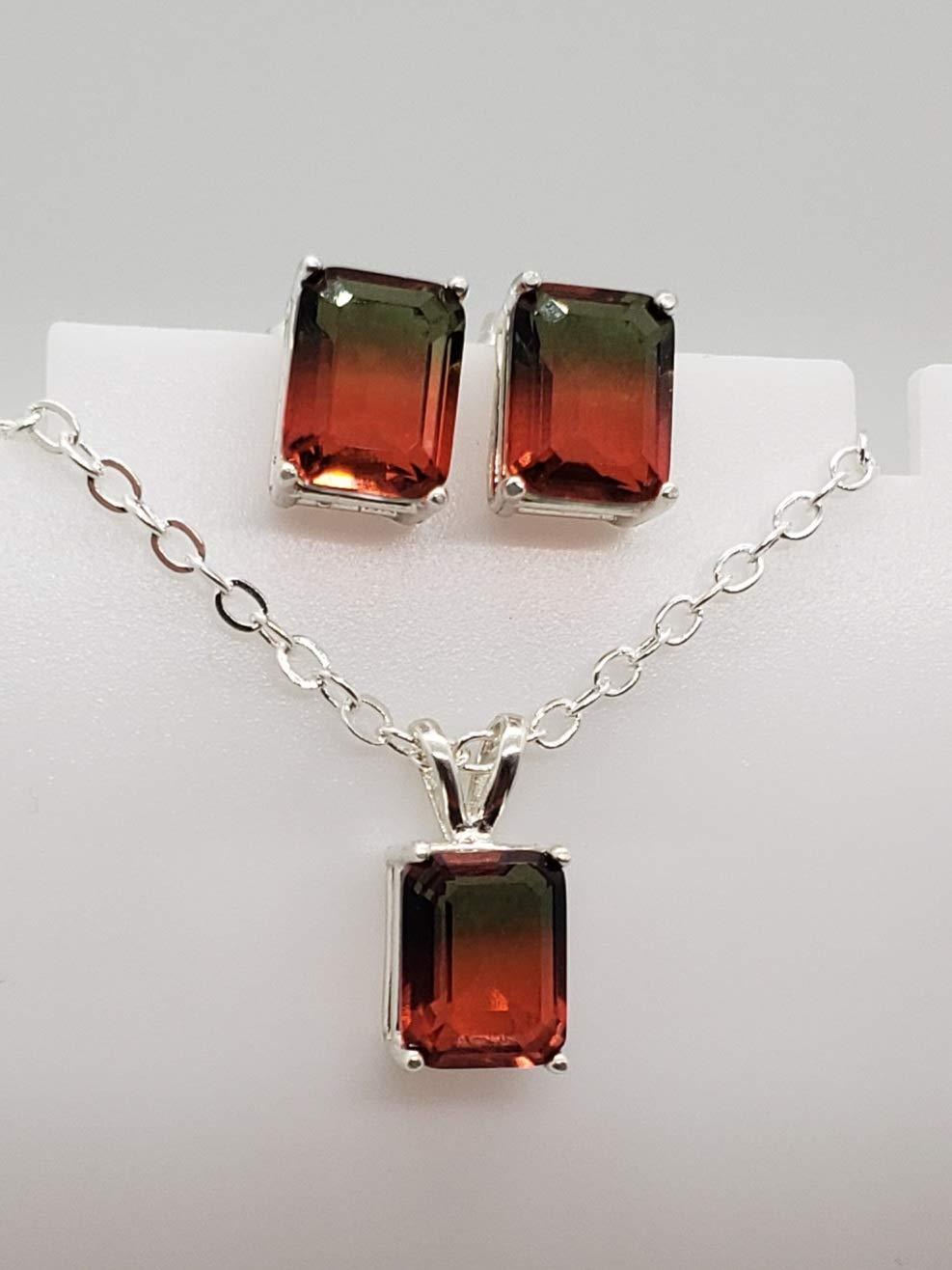 Watermelon Tourmaline Sterling Silver Earring and Necklace Set - Dainty Jewelry Gift for Women, Birthstone Jewelry for August - Perfect for Weddings, Parties & Everyday Wear
