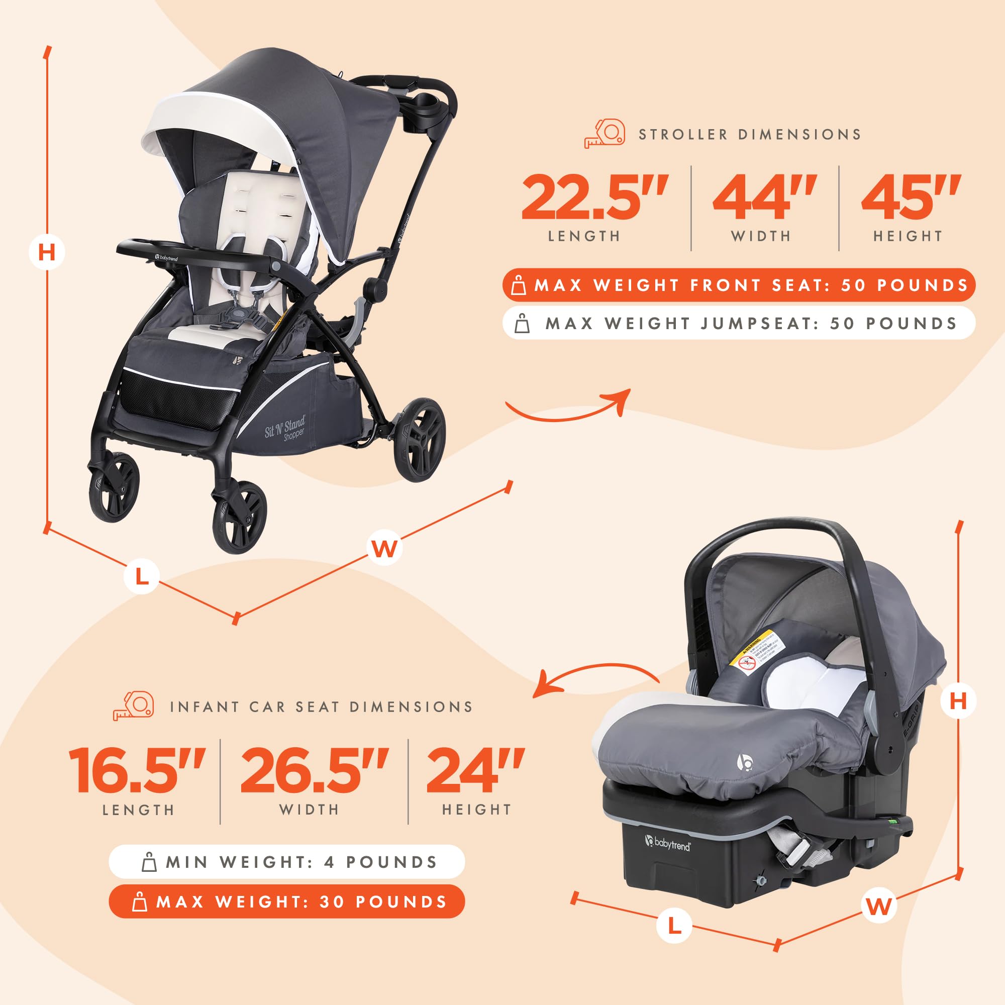 Baby Trend Sit N' Stand 5-in-1 Convertible Stroller with Canopy, Storage Basket & EZ-Lift Plus Lightweight Infant Car Seat - Includes Cozy Cover & Base in Magnolia | Perfect for Shopping, Travel & Family Outings