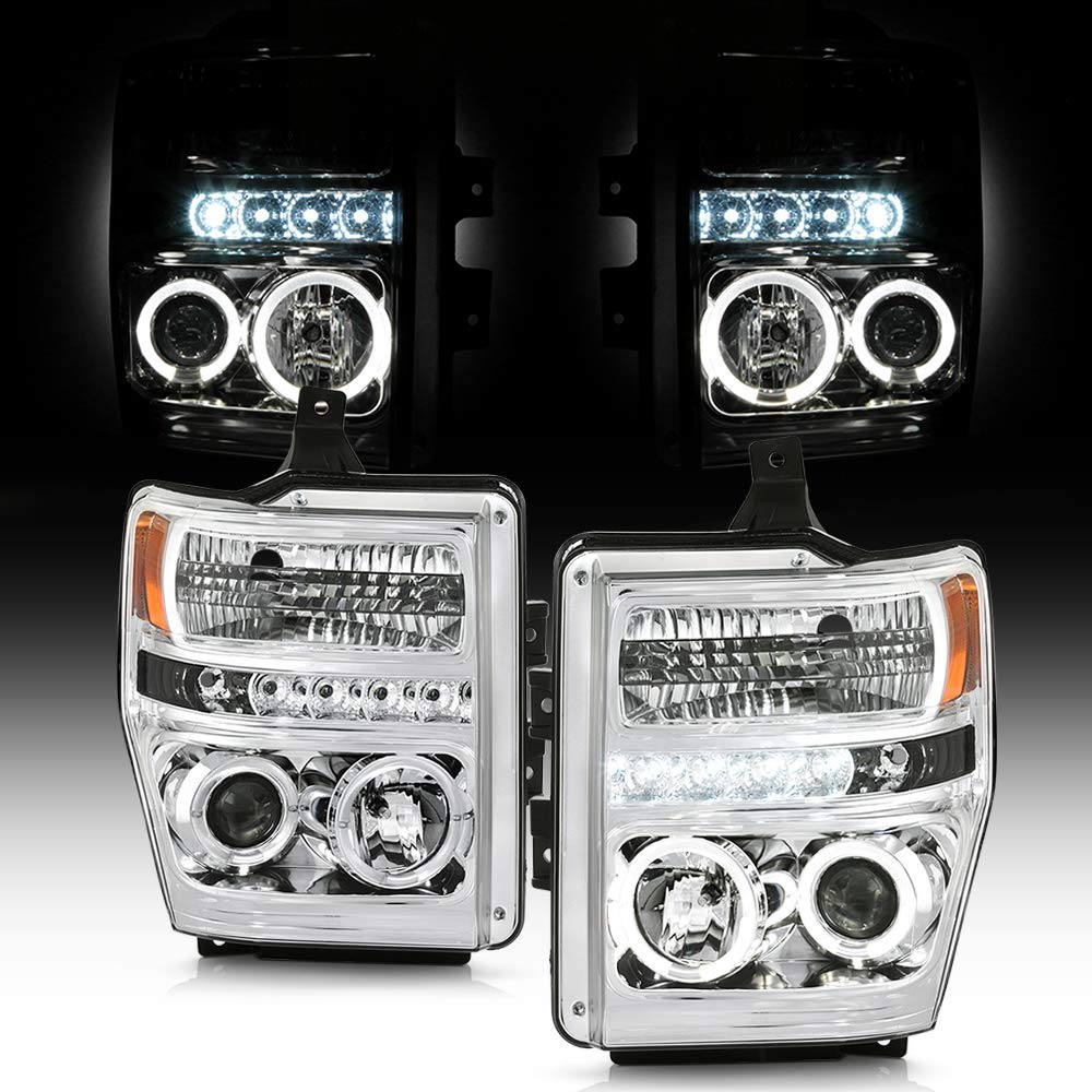 ACANII LED Halo Ring Projector Headlights for 2008-2010 Ford F250 F350 SuperDuty - Chrome Housing Replacement Headlamps with Bright Beam for Night Driving & Off-Road Adventures