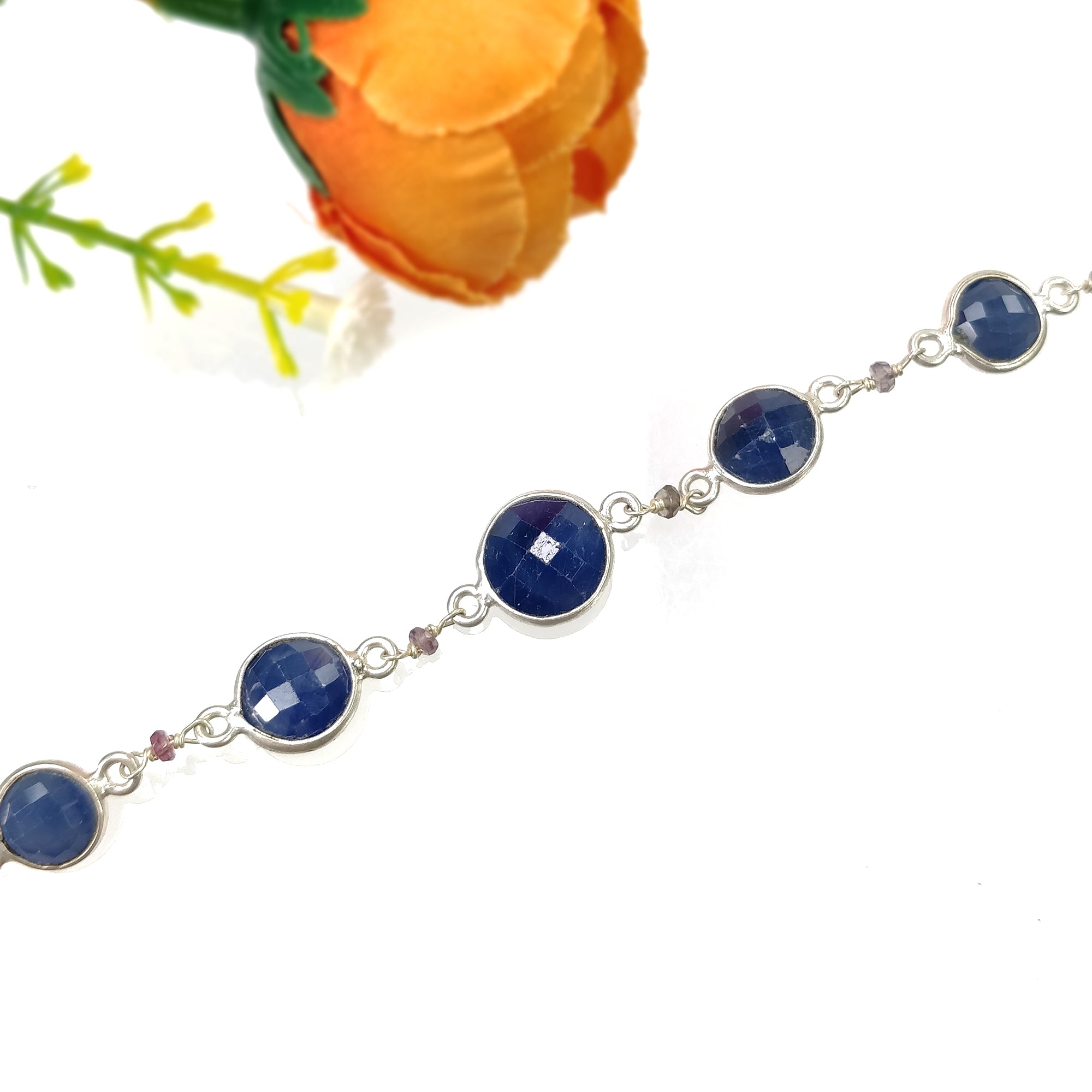 925 Sterling Silver Bracelet with 5.70gm Natural Blue Sapphire Gemstone - Round Checker Cut Briolette Bezel Set Chain Bracelet (8 inches) - Perfect for Weddings, Anniversaries & Special Occasions