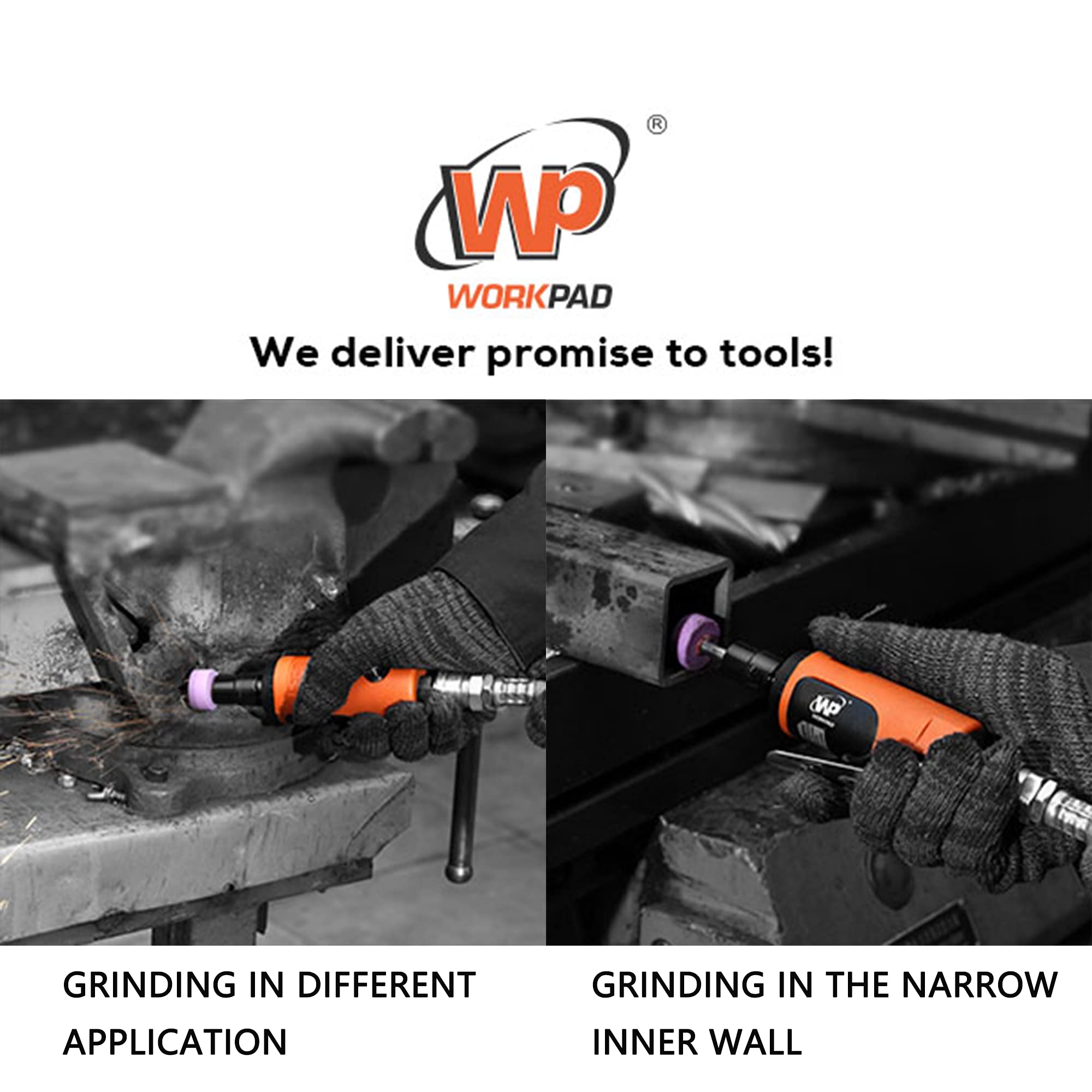 WORKPAD Mini Air Straight Die Grinder Kit - 25000 RPM High Speed Pneumatic Tool with 10-Piece Grinding Stone Set, 1/4-inch & 1/8-inch Collets, 2 Wrenches - Perfect for Metal Polishing, Wood Carving & DIY Projects