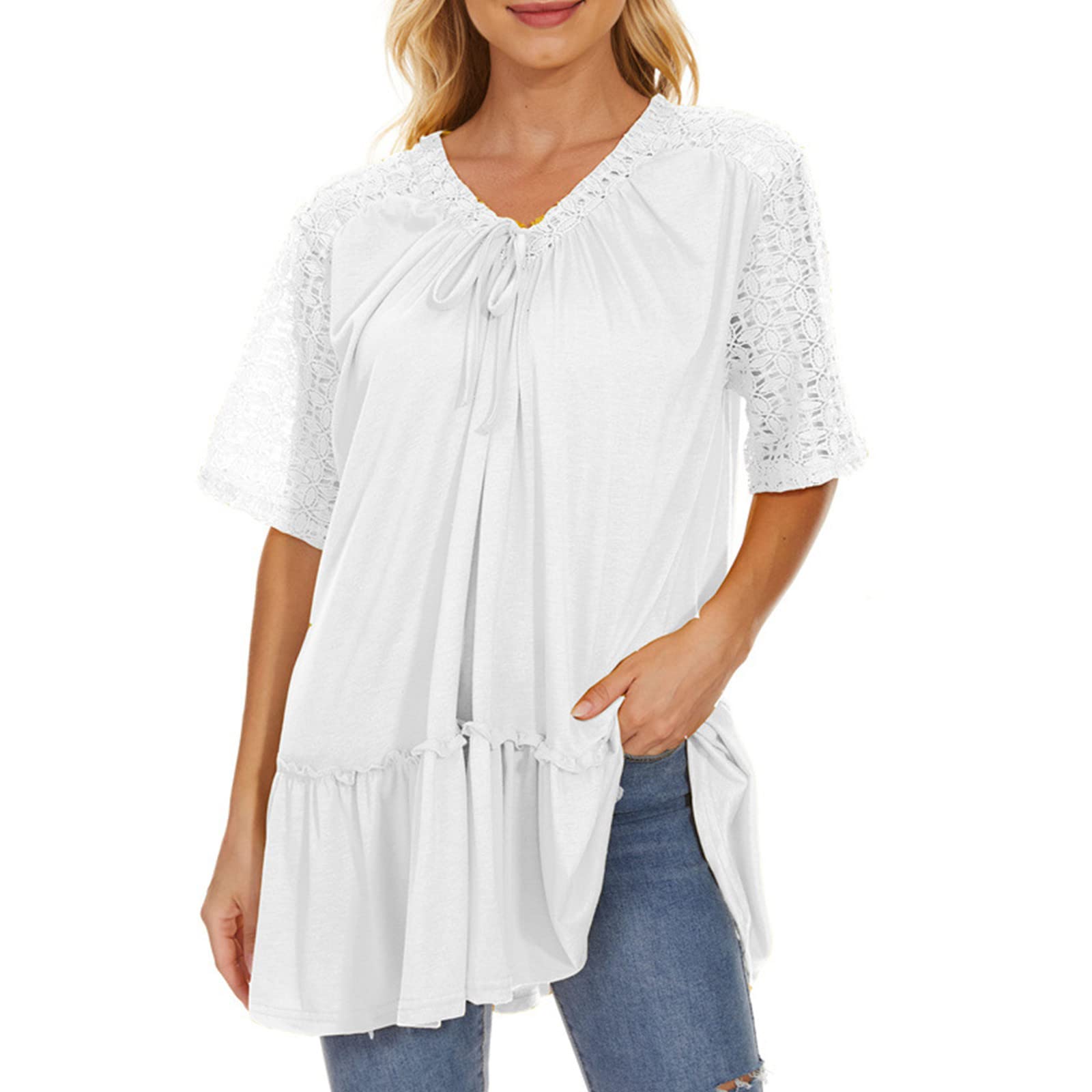 Stylish Plus Size V-Neck Lace Short Sleeve Blouse - Flowy Pleated Tunic Top for Women | Perfect for Casual Wear, Office Outfits & Summer Fashion